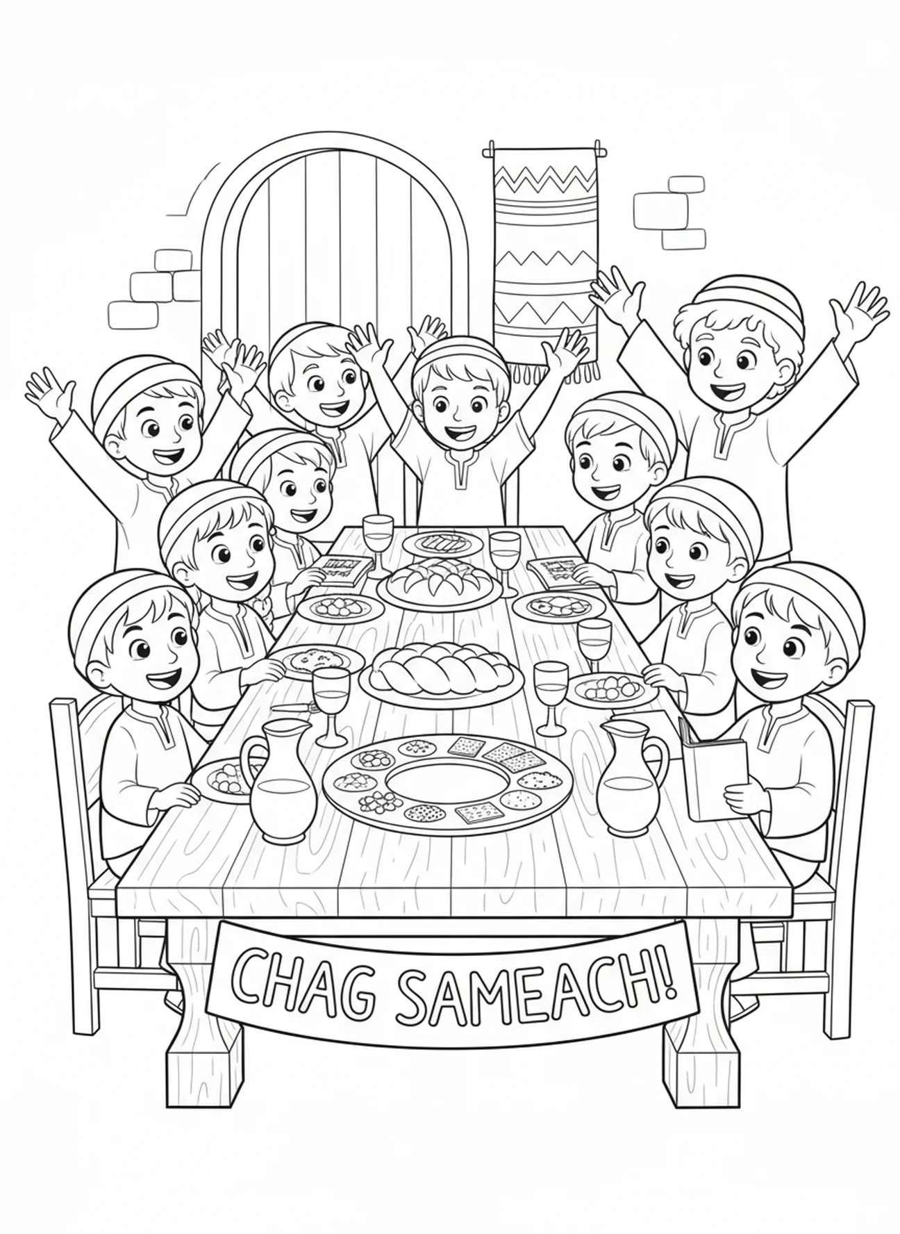 Table with bread and wine, Passover coloring page for kids age 5-10