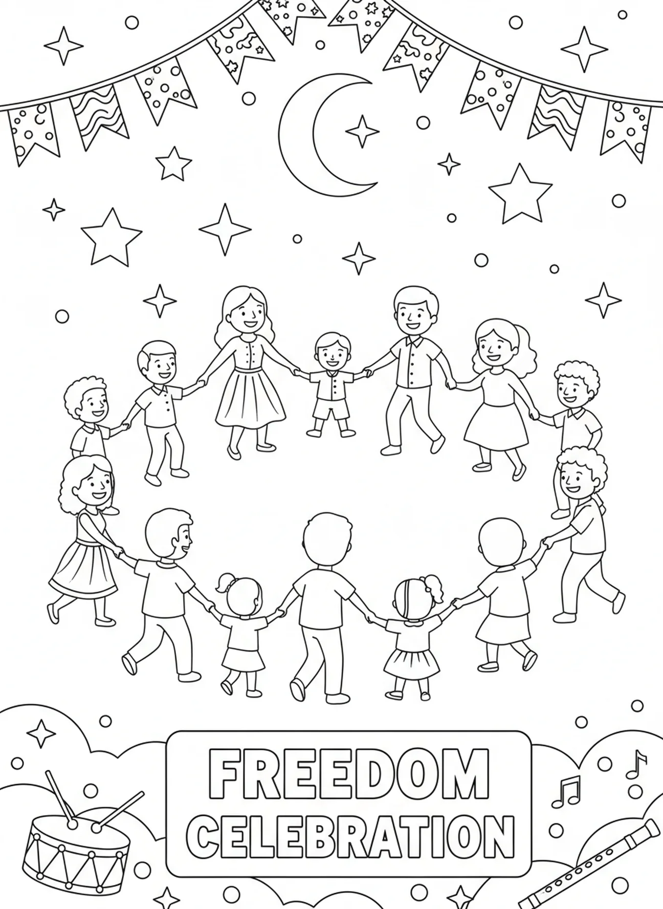 Families dancing in celebration, Passover coloring page for kids age 5-10