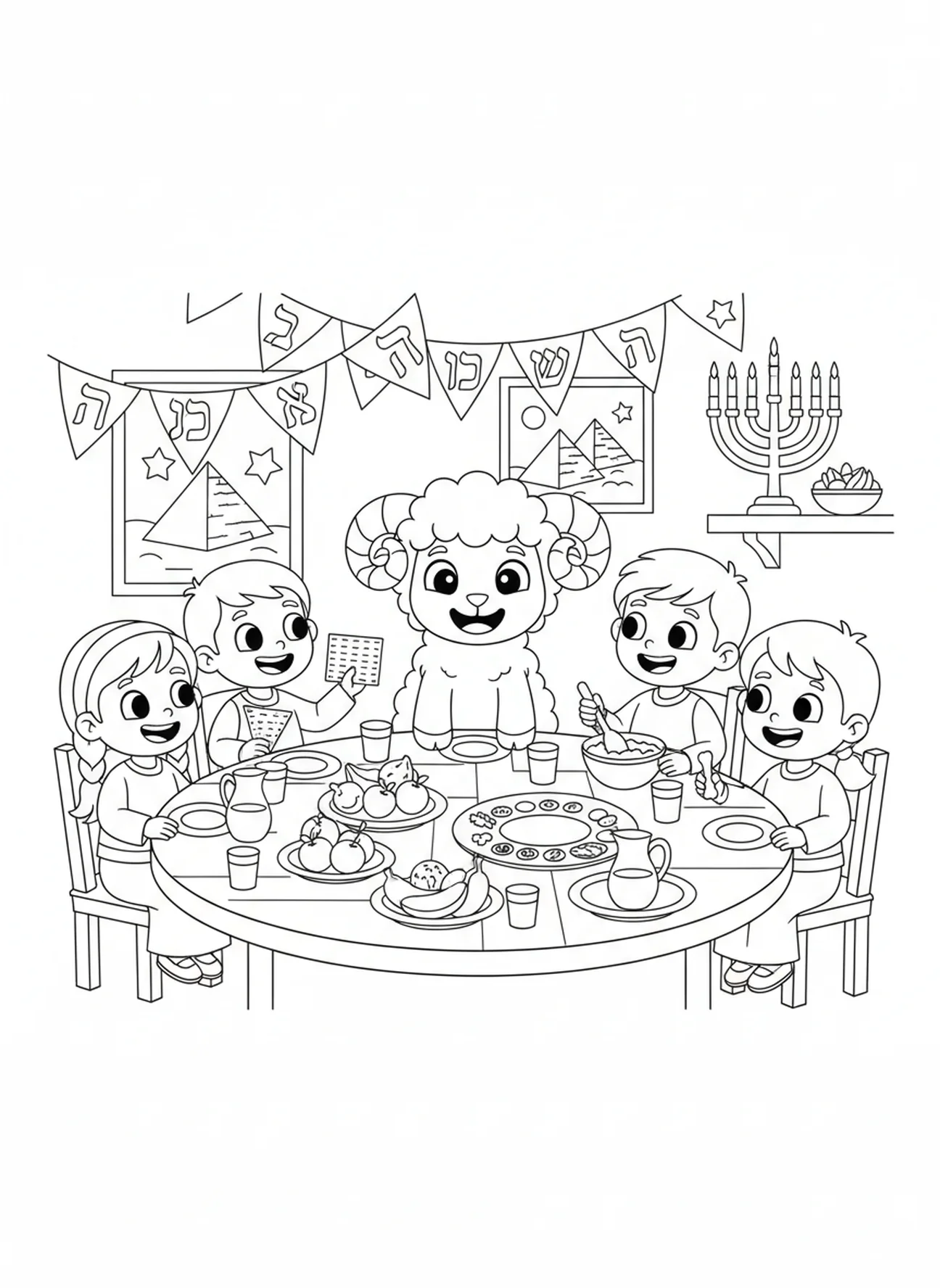 Cartoon lamb on table, Passover coloring page for kids age 5-10