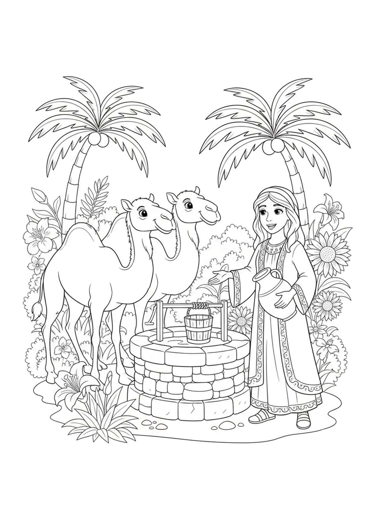 Zwei glückliche Kamele, die trinken, Rebekka am Brunnen Ausmalbild für Kinder im Alter von 5-10 Jahren