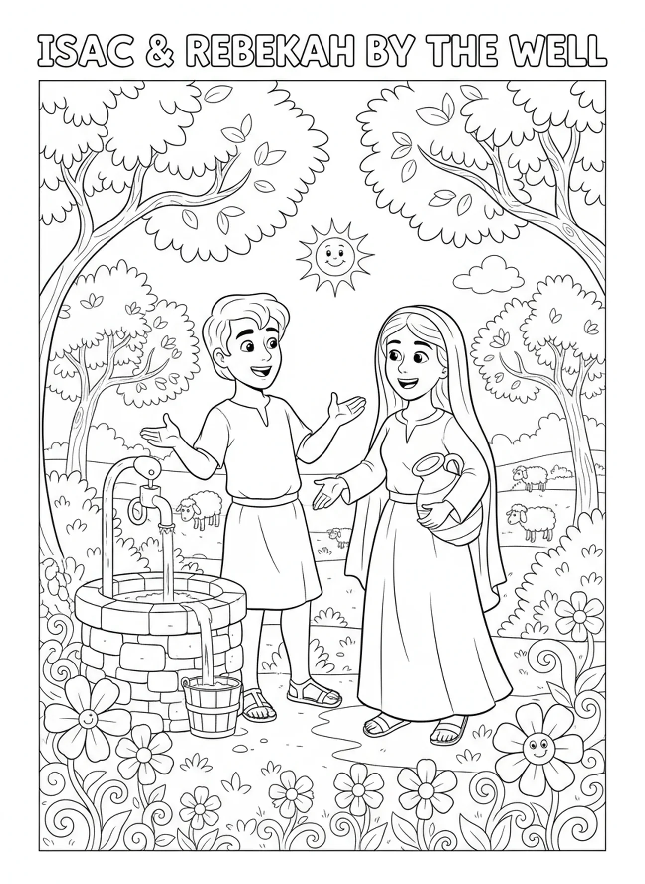 Isaak und Rebekka im Gespräch, Rebekka am Brunnen Ausmalbild für Kinder im Alter von 5-10 Jahren