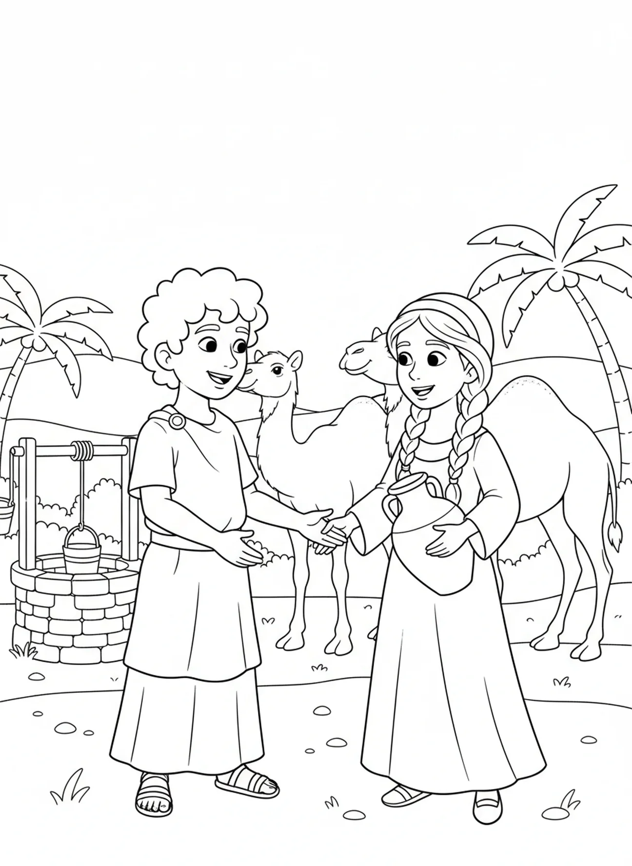 Isaak lächelt Rebekah an, Rebekah am Brunnen Ausmalbild für Kinder im Alter von 5-10 Jahren
