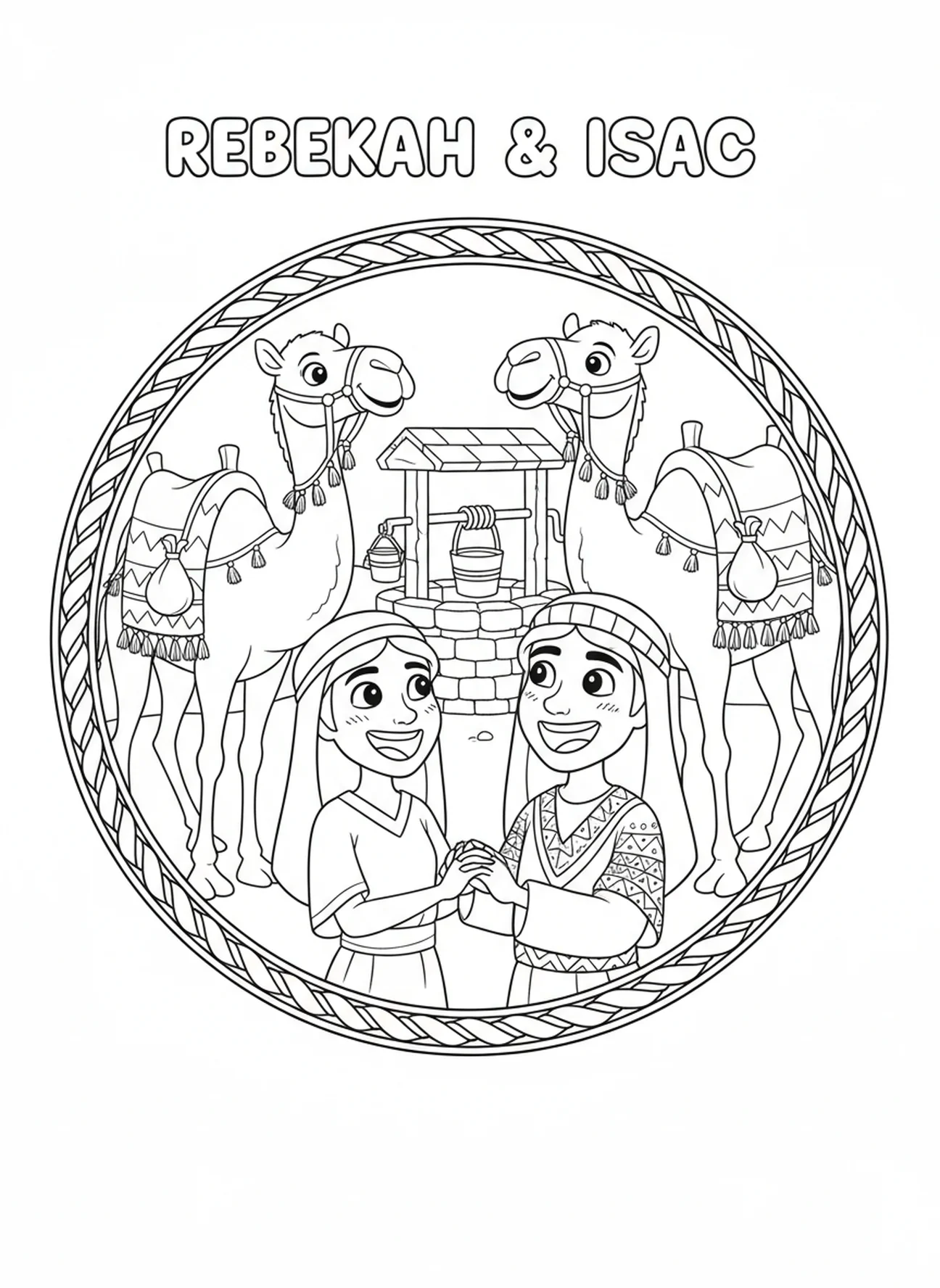 Rebekah und Isaac lächeln, Rebekah am Brunnen Malvorlage für Kinder im Alter von 5-10 Jahren
