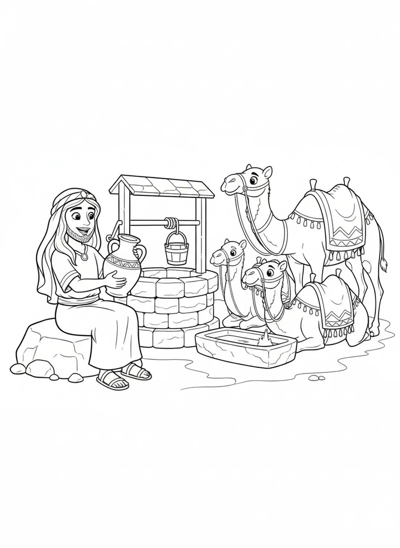 Rebekka bietet Wasser an, Ausmalbild von Rebekka am Brunnen für Kinder im Alter von 5-10 Jahren