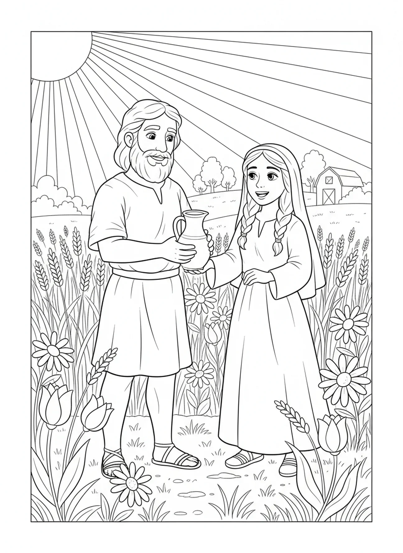 Boaz bietet Ruth Wasser an, Ausmalbild für Kinder im Alter von 5-10 Jahren