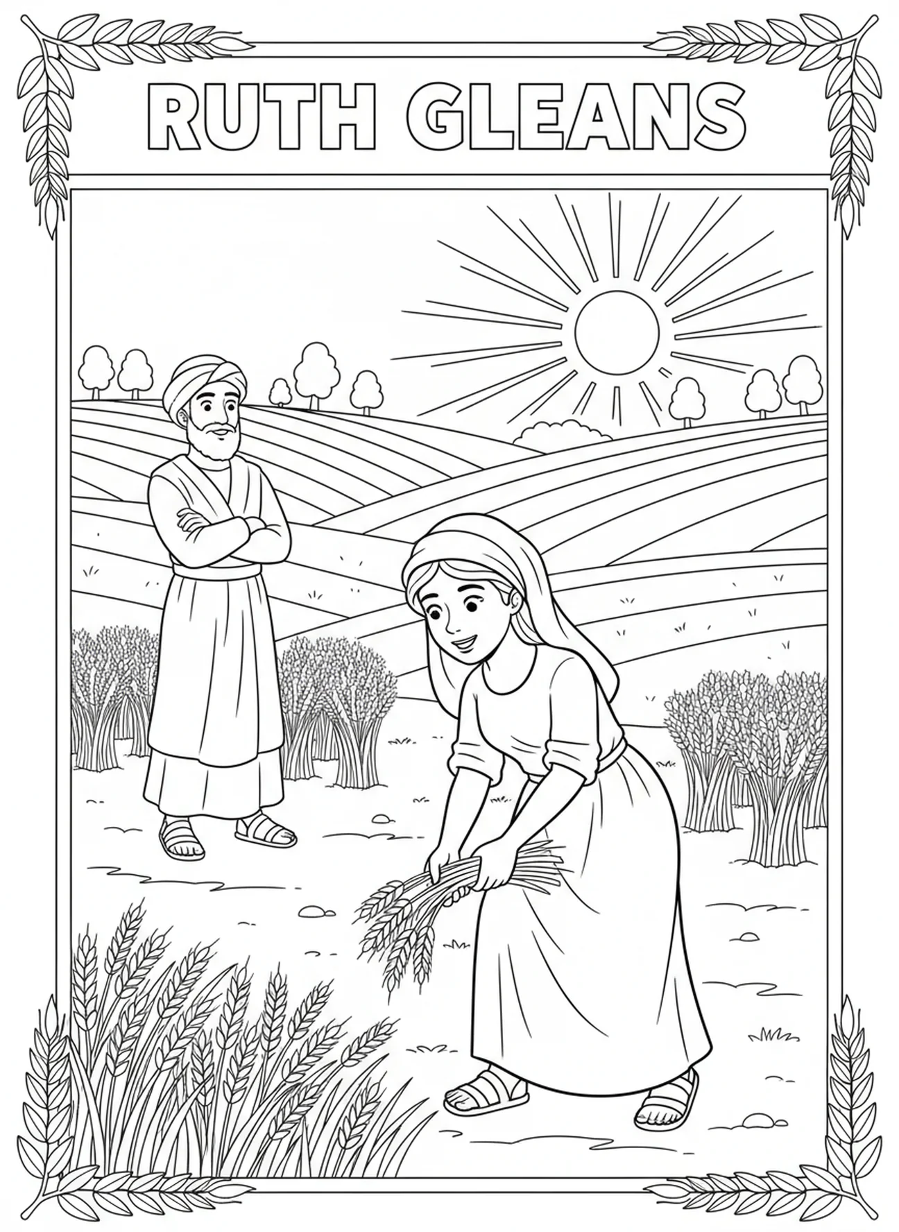 Ruth beim Ährenlesen auf einem Feld, Ruth Malvorlage für Kinder im Alter von 5-10 Jahren