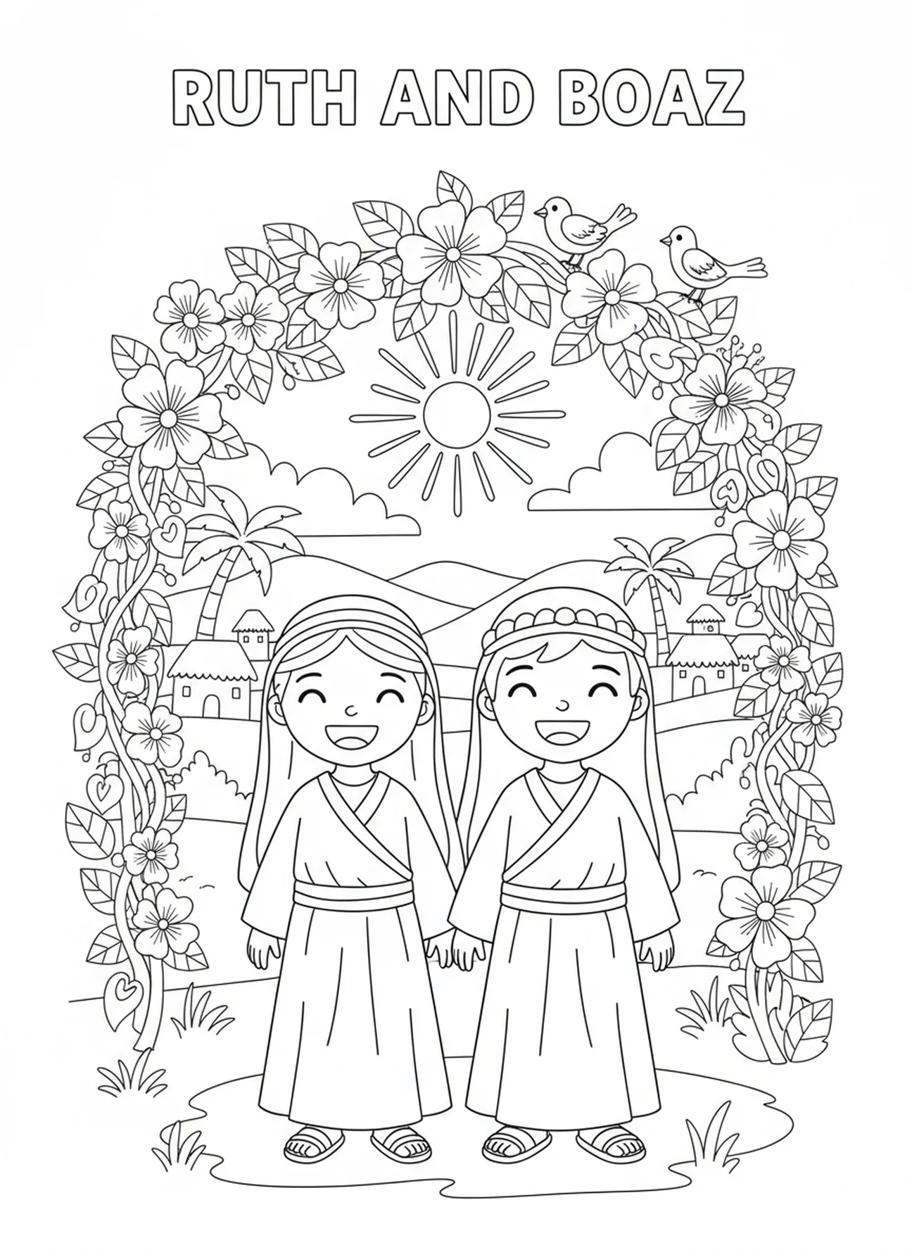 Ruth und Boas an ihrer Hochzeit, Ausmalbild für Kinder im Alter von 5-10 Jahren