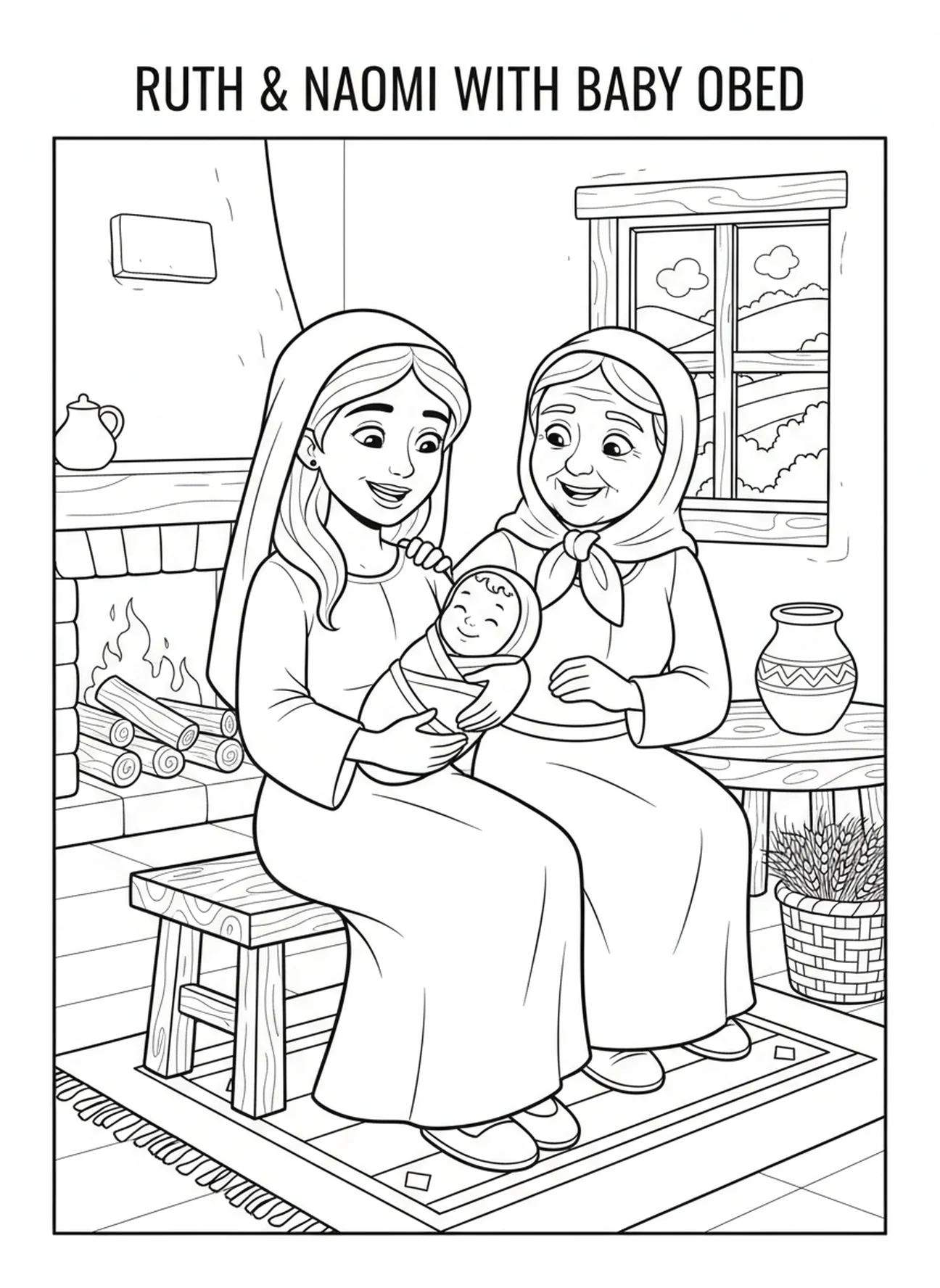 Ruth hält das Baby Obed, Ausmalbild für Kinder im Alter von 5-10 Jahren