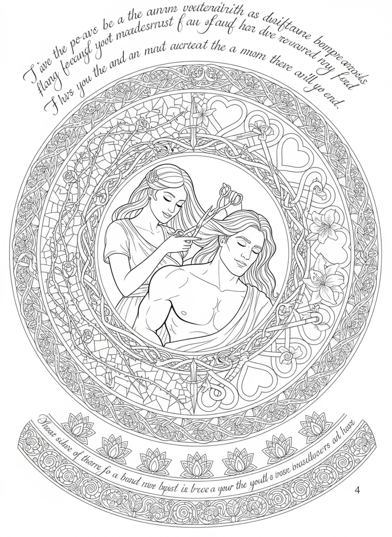 Delilah cutting Samson's hair, Samson coloring page for adults Bible journaling style.
