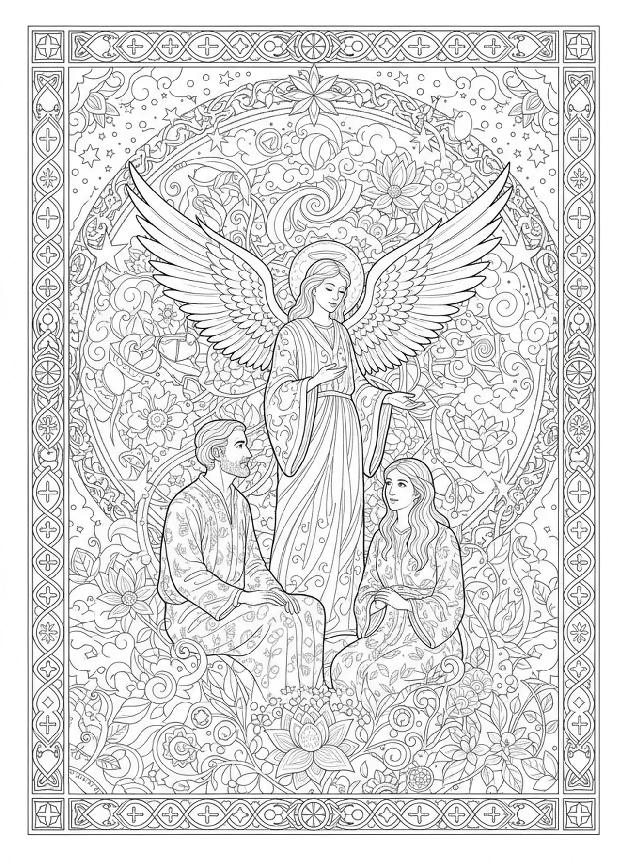 Angel visiting Samson's parents, Samson coloring page for adults Bible journaling style.