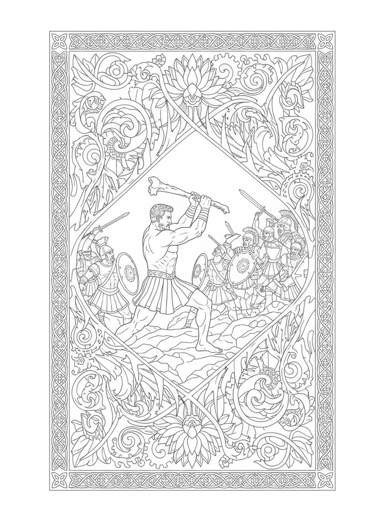 Samson battling the Philistines with a jawbone, Samson coloring page for adults Bible journaling style.