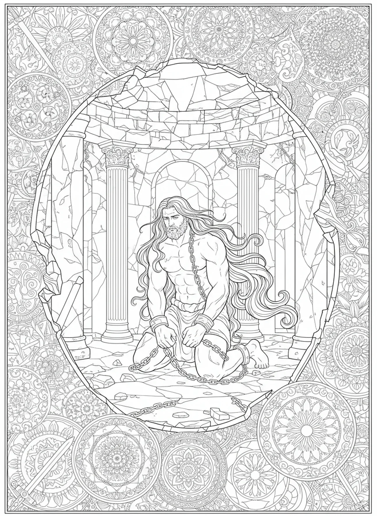 Samson in prison with chains, Samson coloring page for adults Bible journaling style.