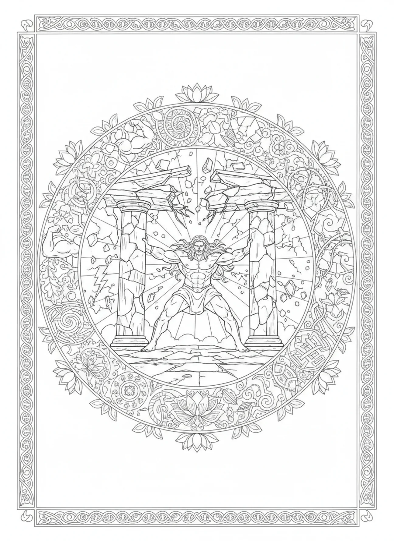 Samson pulling down the temple pillars, Samson coloring page for adults Bible journaling style.