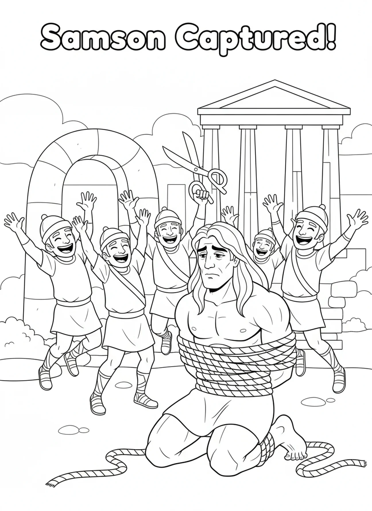 Simson von den Philistern gefangen genommen, Simson Ausmalbild für Kinder im Alter von 5-10 Jahren