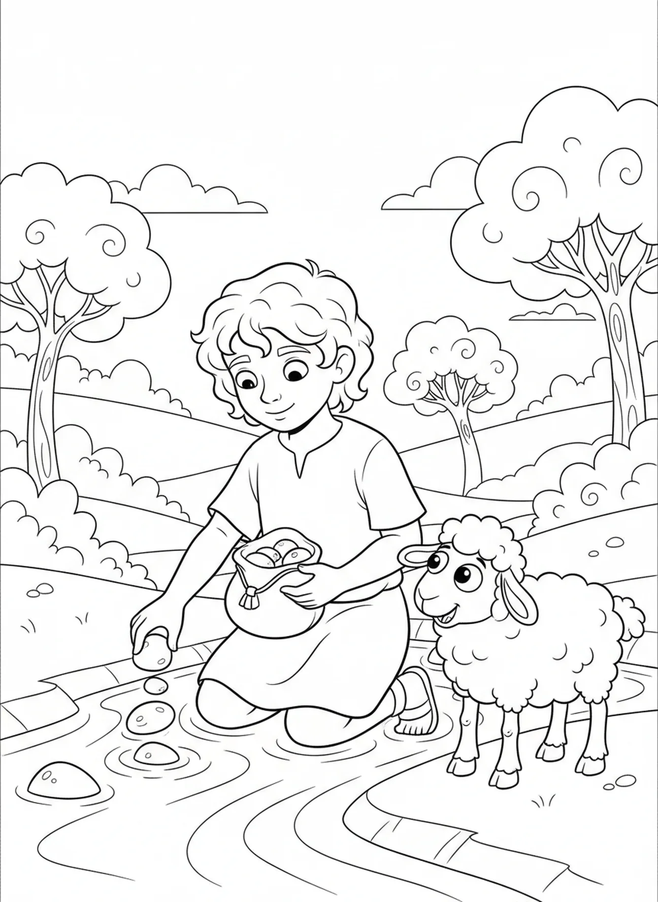 David sammelt Steine, Ausmalbild von David und Goliath für Kinder im Alter von 5-10 Jahren.