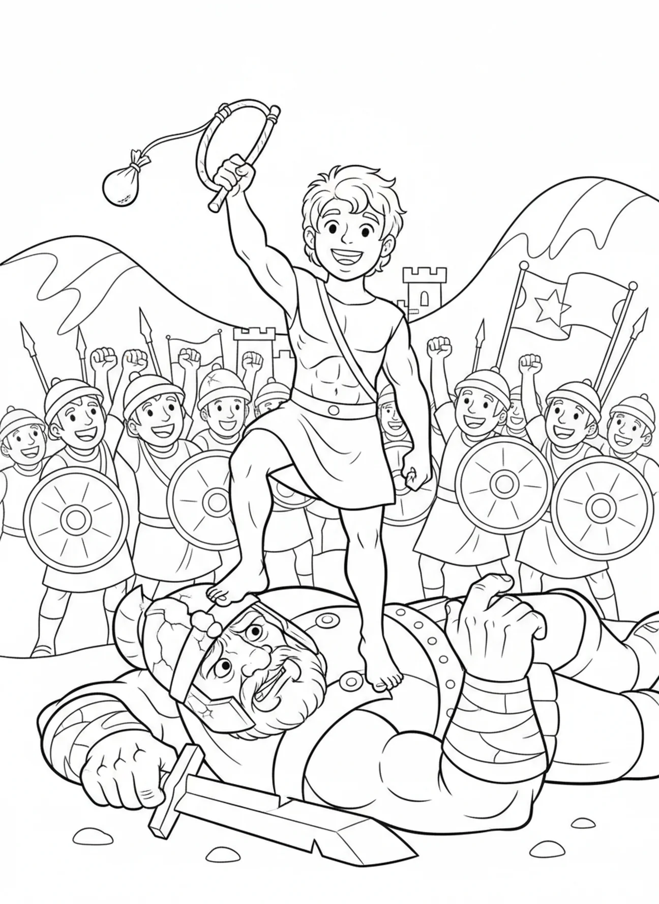 David steht über Goliath, Malvorlage von David und Goliath für Kinder im Alter von 5-10 Jahren.