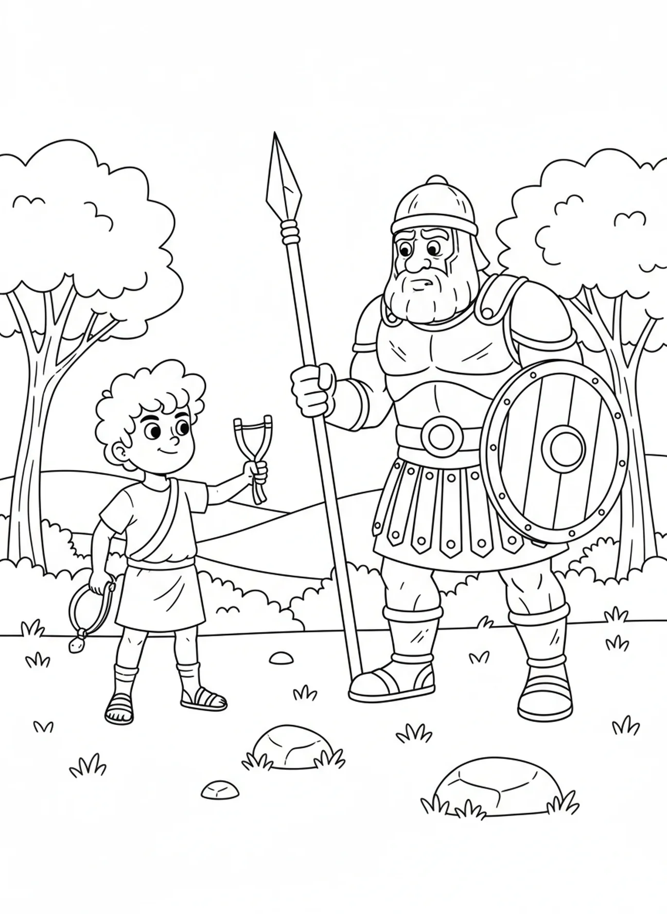 David mit einer Schleuder, Ausmalbild von David und Goliath für Kinder im Alter von 5-10 Jahren.