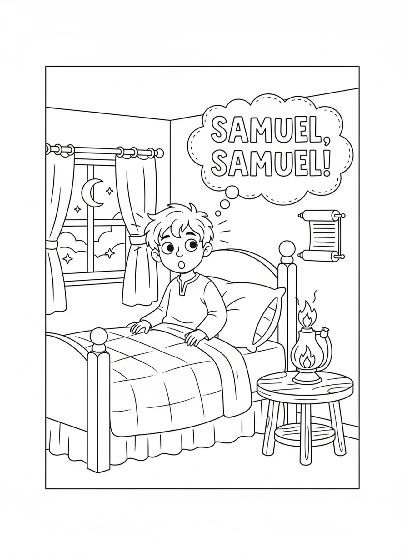 Der junge Samuel hört Gott, Ausmalbild für Kinder im Alter von 5-10 Jahren.