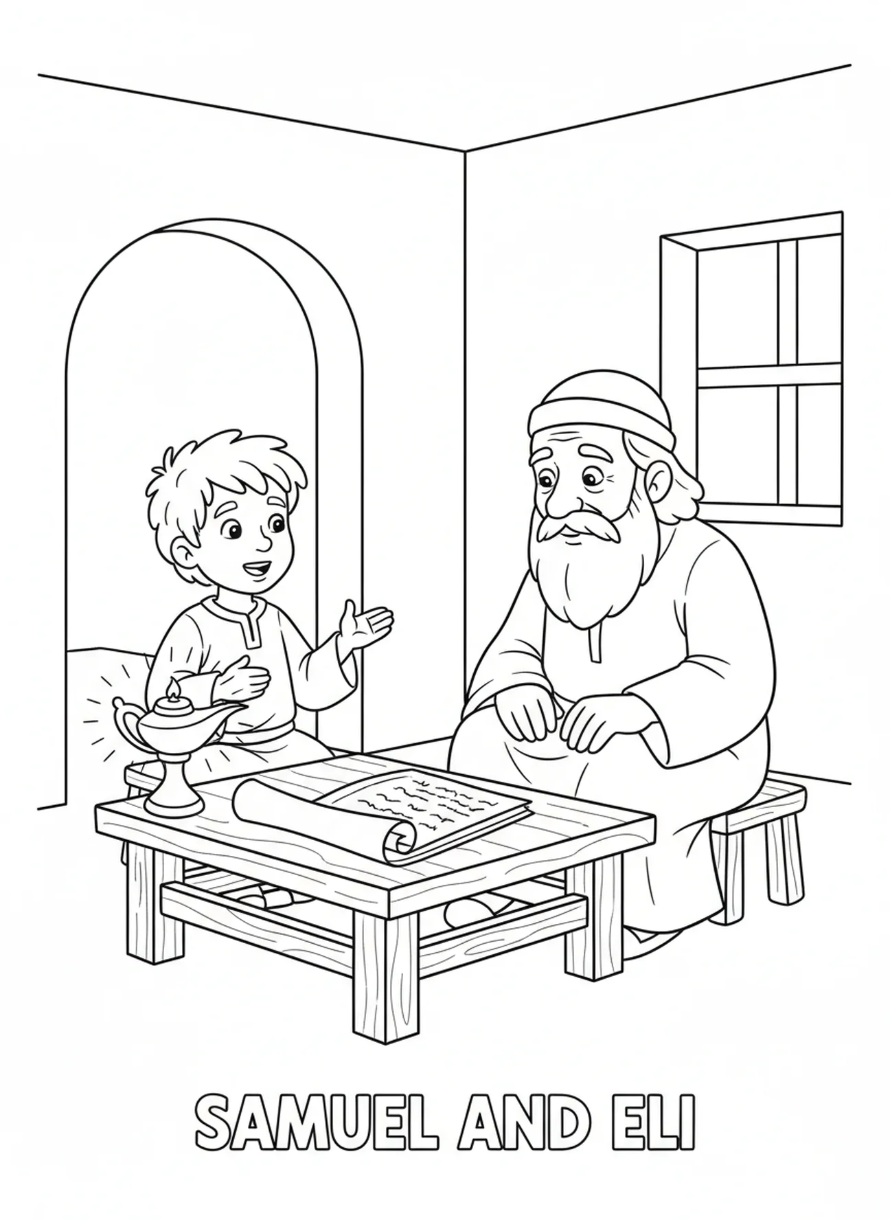 Samuel spricht mit Eli, Ausmalbild für Kinder im Alter von 5-10 Jahren.