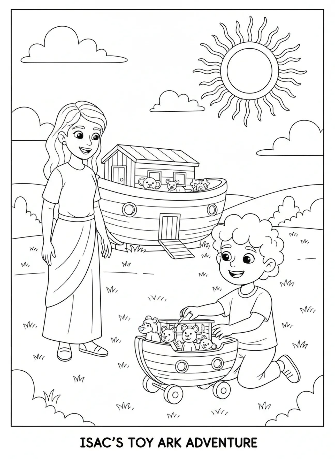 Isaac playing with toys, Sarah Isaac coloring page for kids age 5-10.