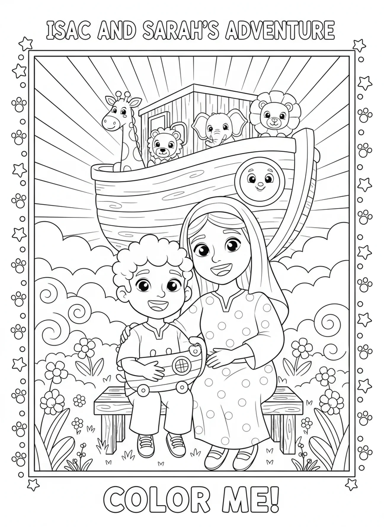 Isaac smiling at Sarah, Sarah Isaac coloring page for kids age 5-10.