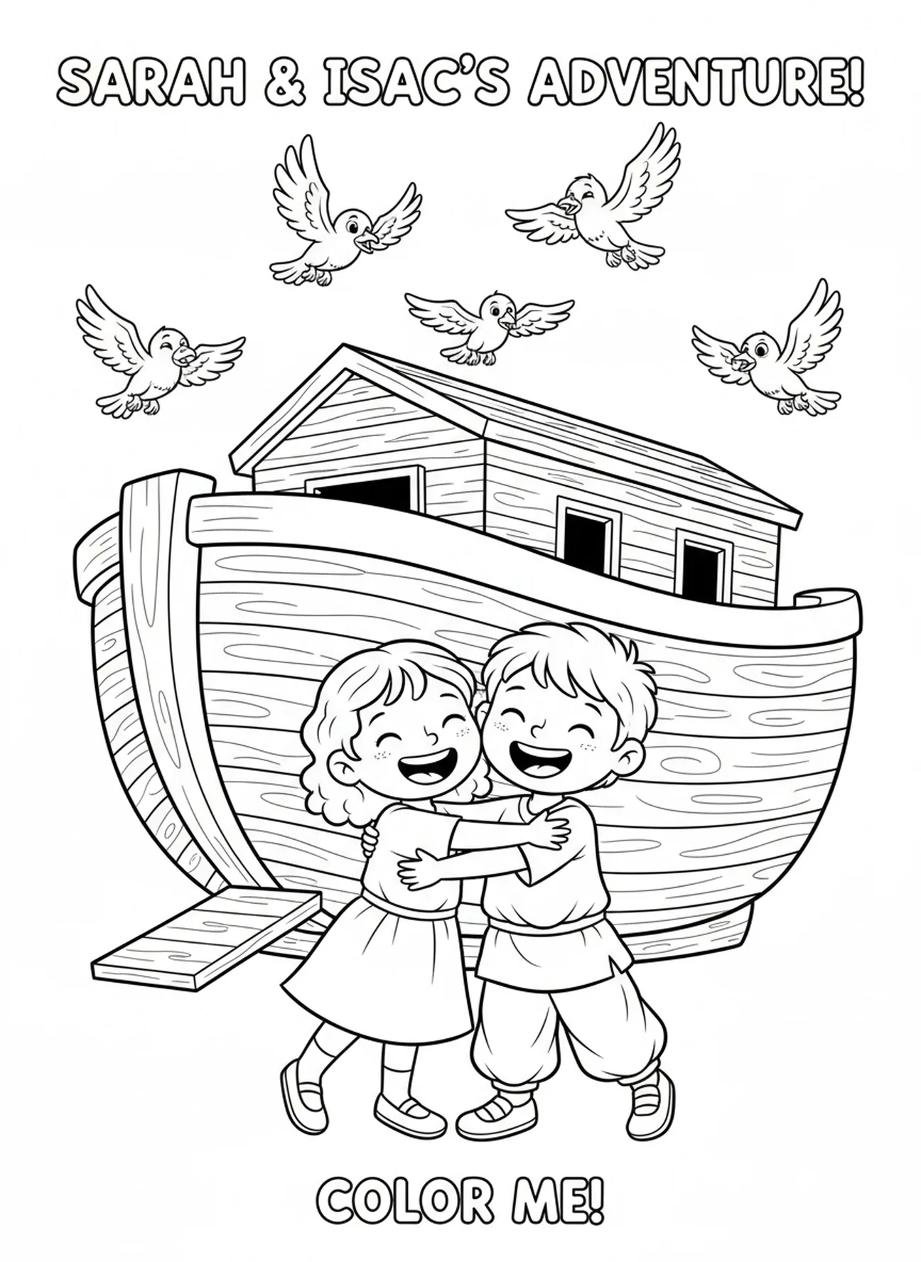 Sarah and Isaac embracing, Sarah Isaac coloring page for kids age 5-10.