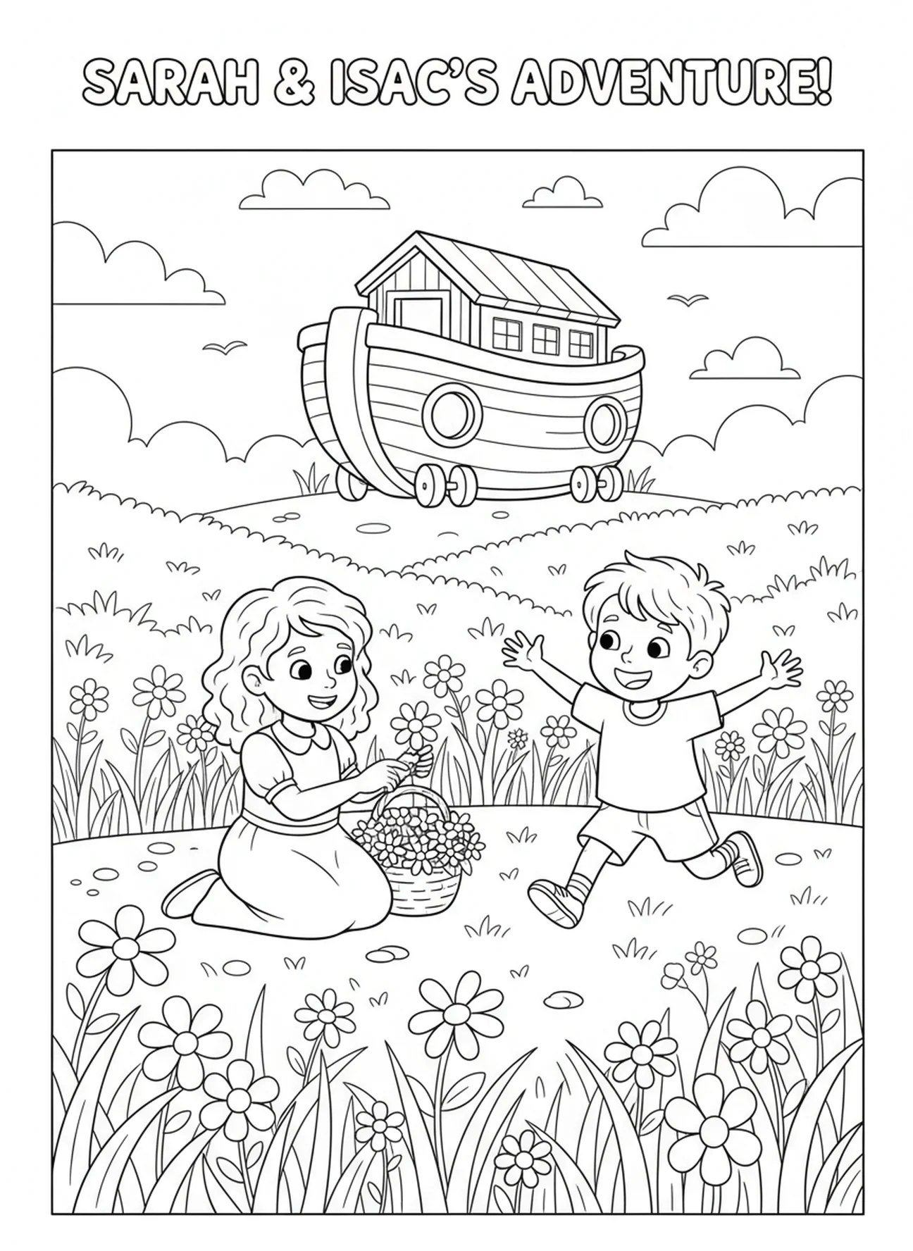 Sarah picking flowers, Sarah Isaac coloring page for kids age 5-10.