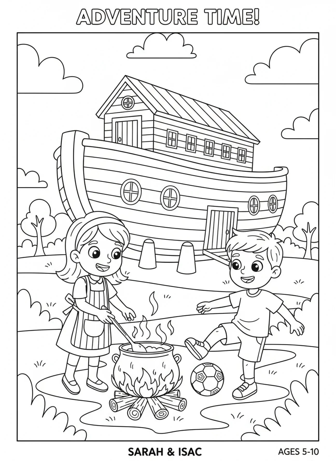 Sarah cooking over a fire, Sarah Isaac coloring page for kids age 5-10.