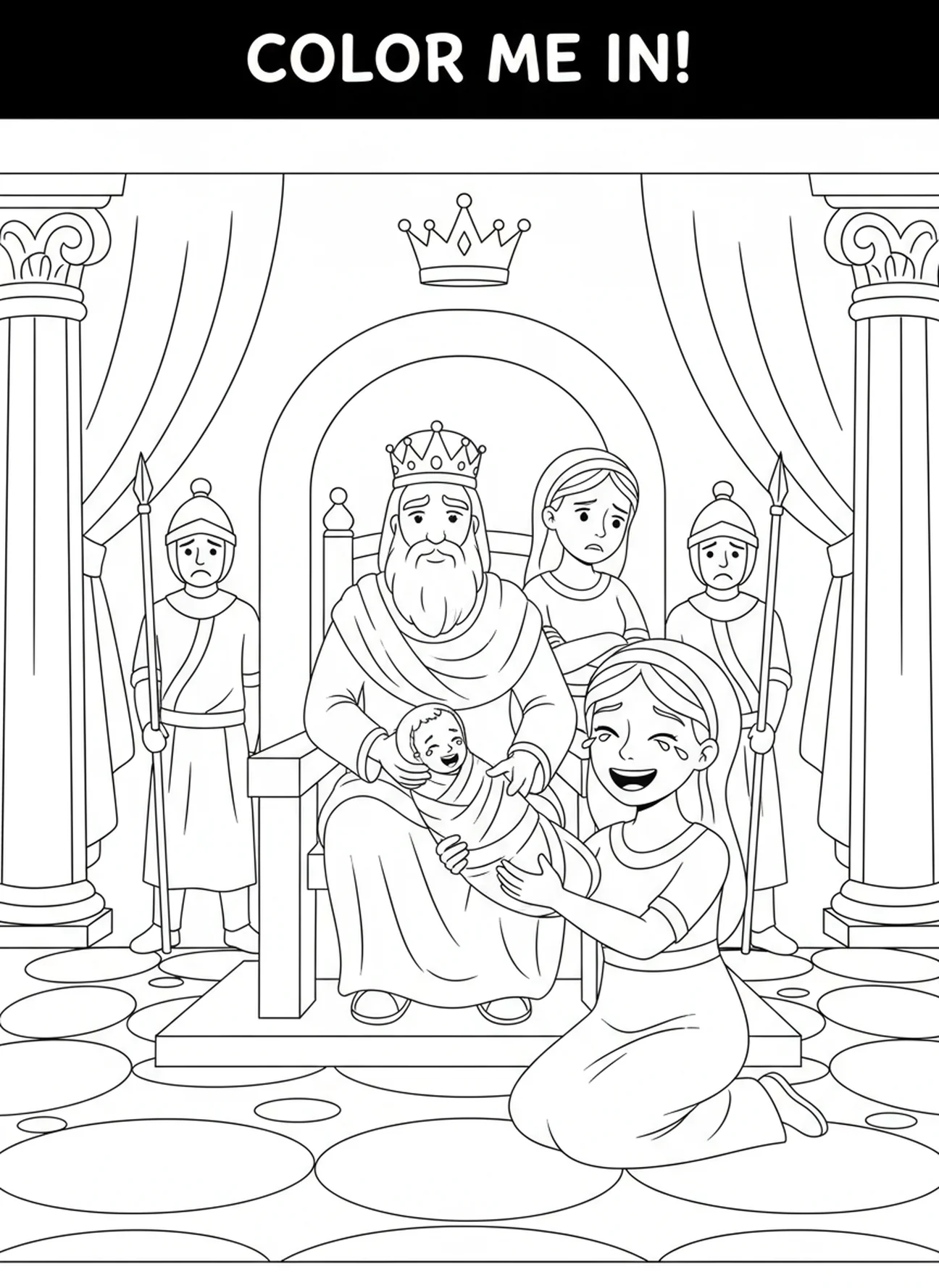 Baby handed to the mother, Solomon Wisdom coloring page for kids age 5-10