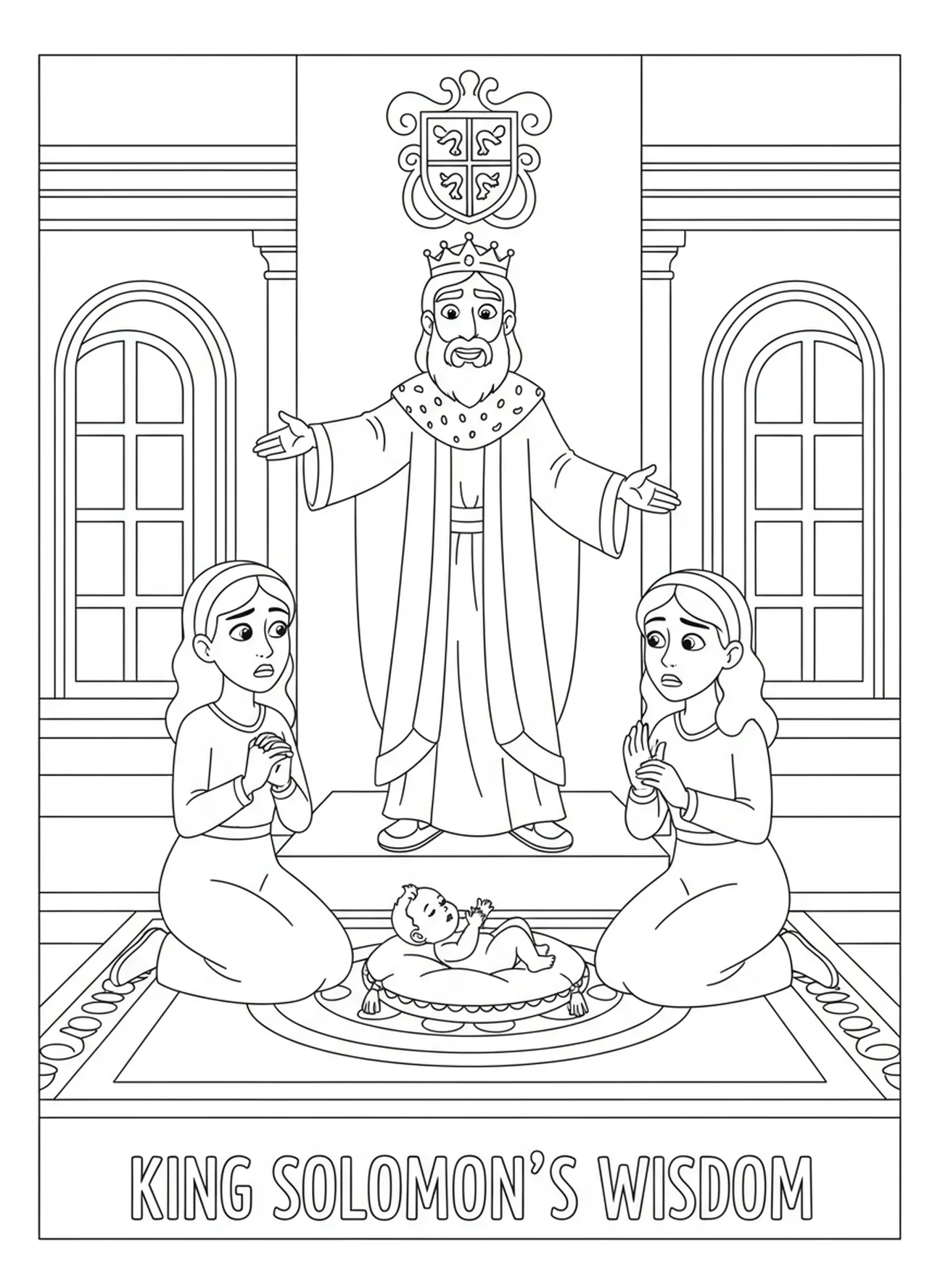King Solomon gesturing to the mothers, Solomon Wisdom coloring page for kids age 5-10