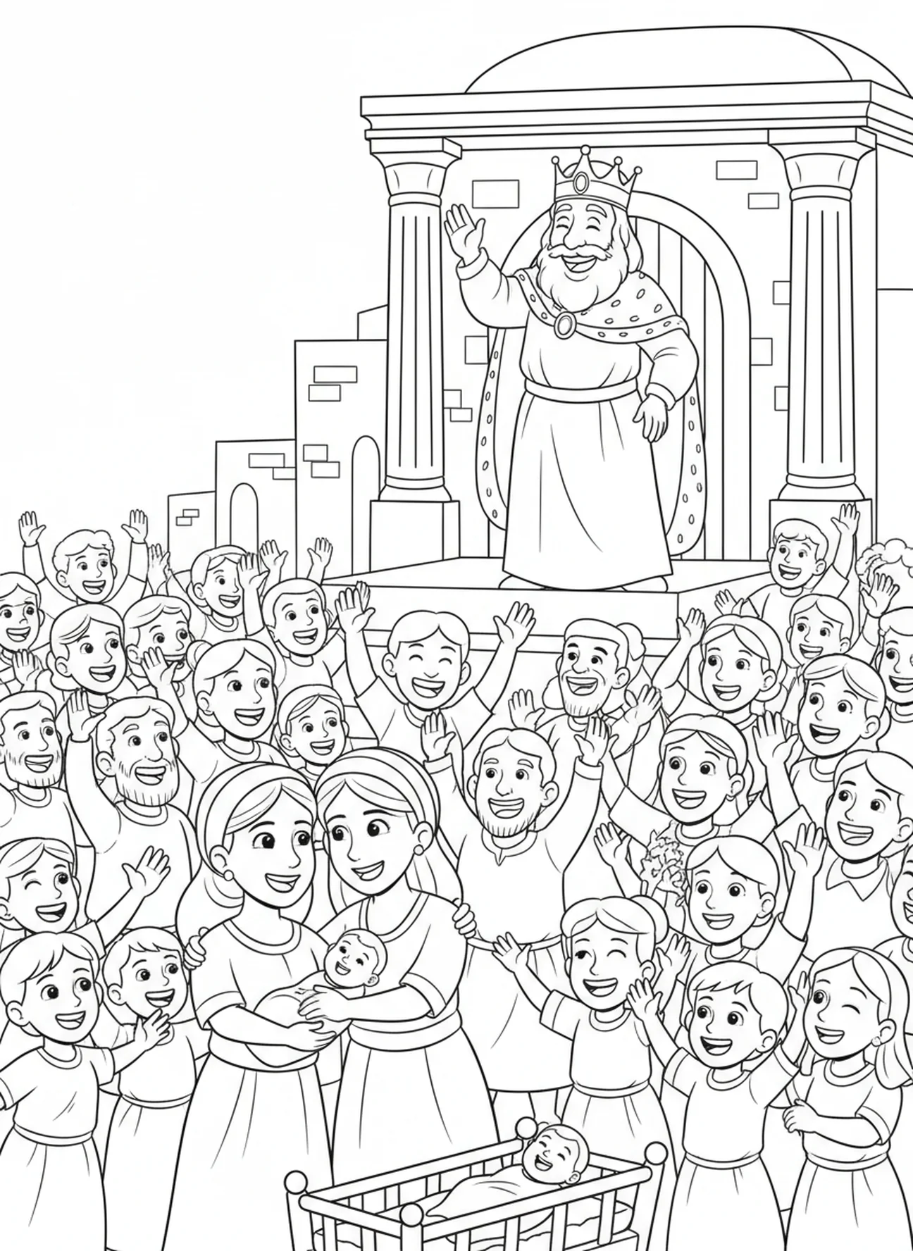Crowd cheering for Solomon, Solomon Wisdom coloring page for kids age 5-10