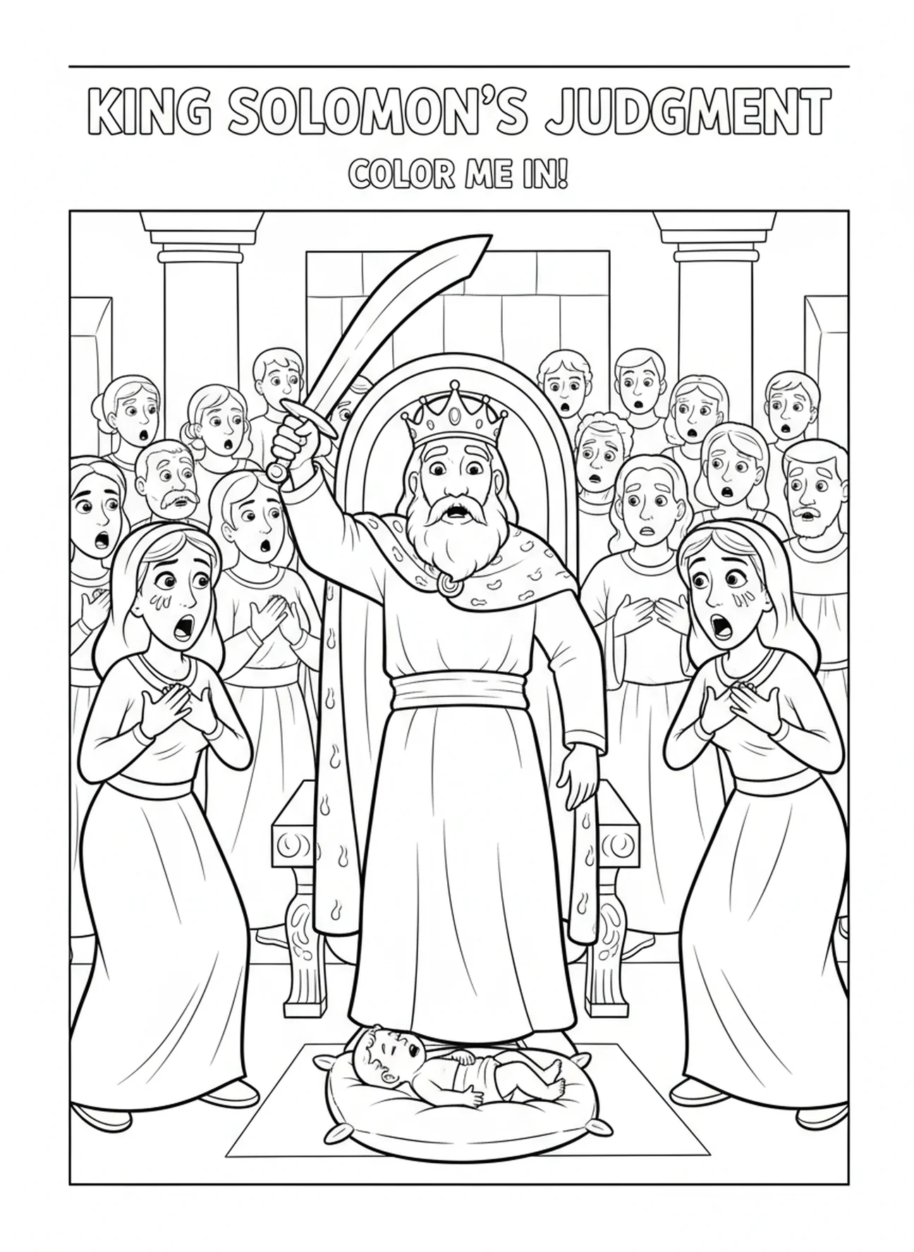 King Solomon holding a sword, Solomon Wisdom coloring page for kids age 5-10