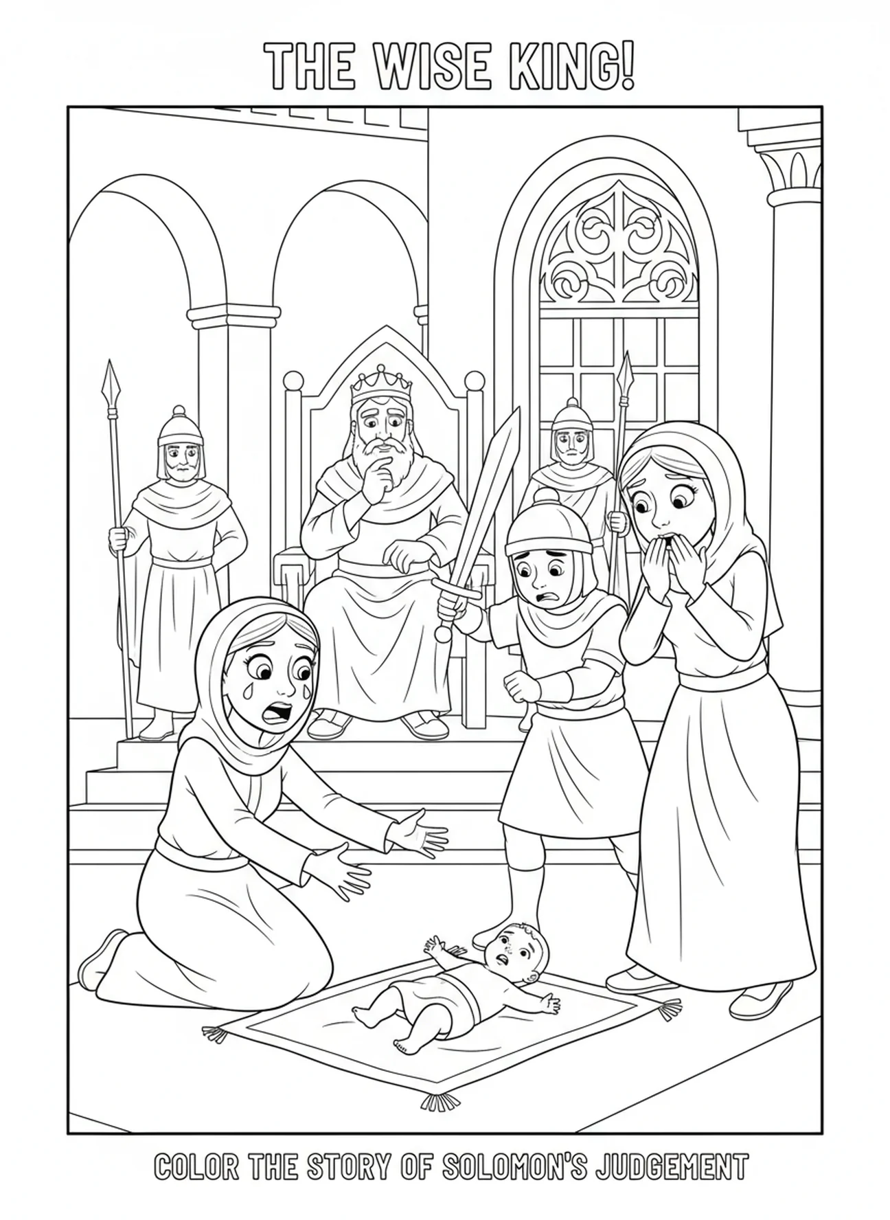 Mother pleading for her baby, Solomon Wisdom coloring page for kids age 5-10