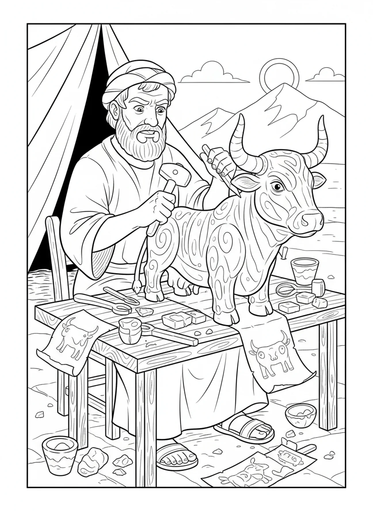 Aaron, der das Idol gestaltet, Ausmalbild der Zehn Gebote mit dem goldenen Kalb für Kinder im Alter von 5-10 Jahren