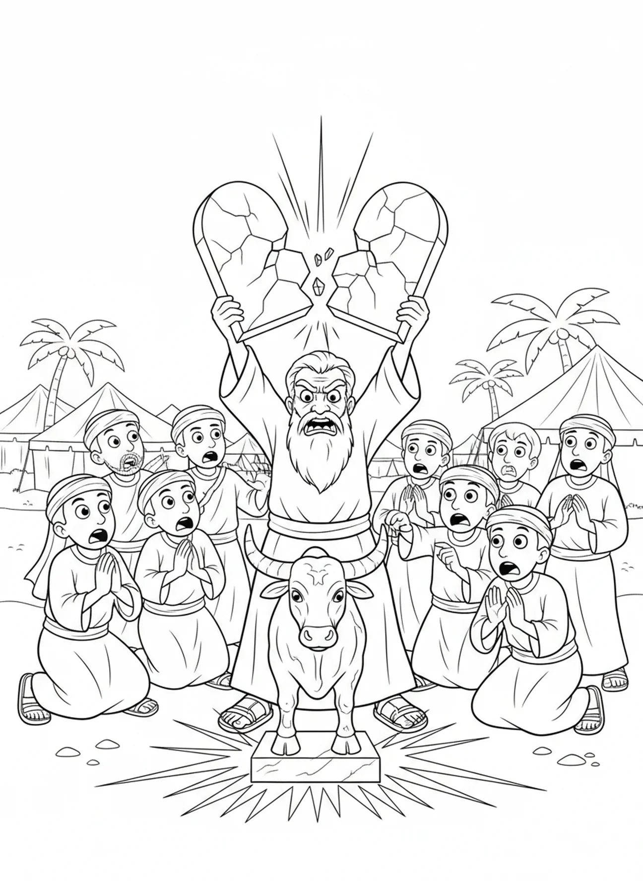 Moses zerbricht die Tafeln, Zehn Gebote Goldene Kalb Idol Ausmalbild für Kinder im Alter von 5-10 Jahren