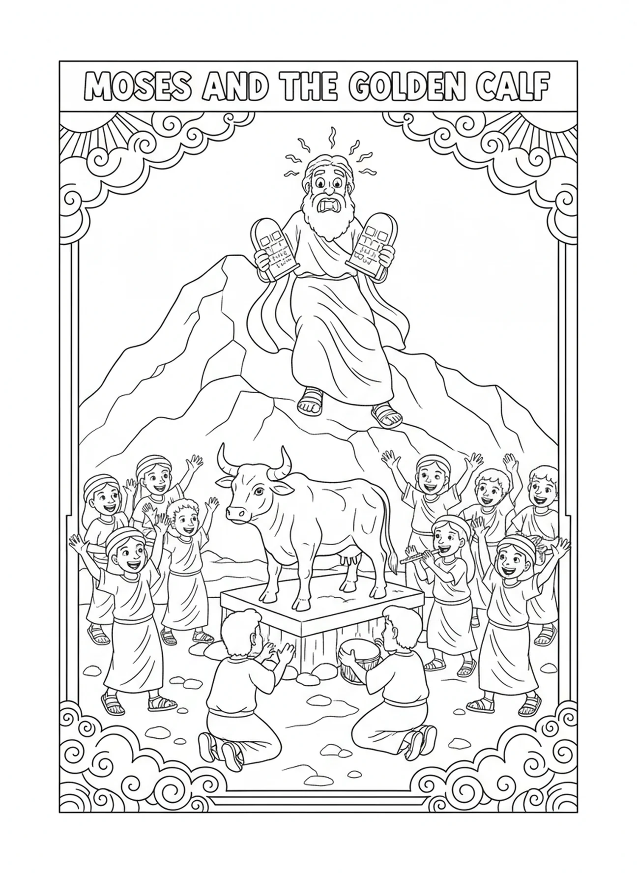 Mose schockiert über das Götzenbild, Ausmalbild der Zehn Gebote mit dem Goldenen Kalb für Kinder im Alter von 5-10 Jahren