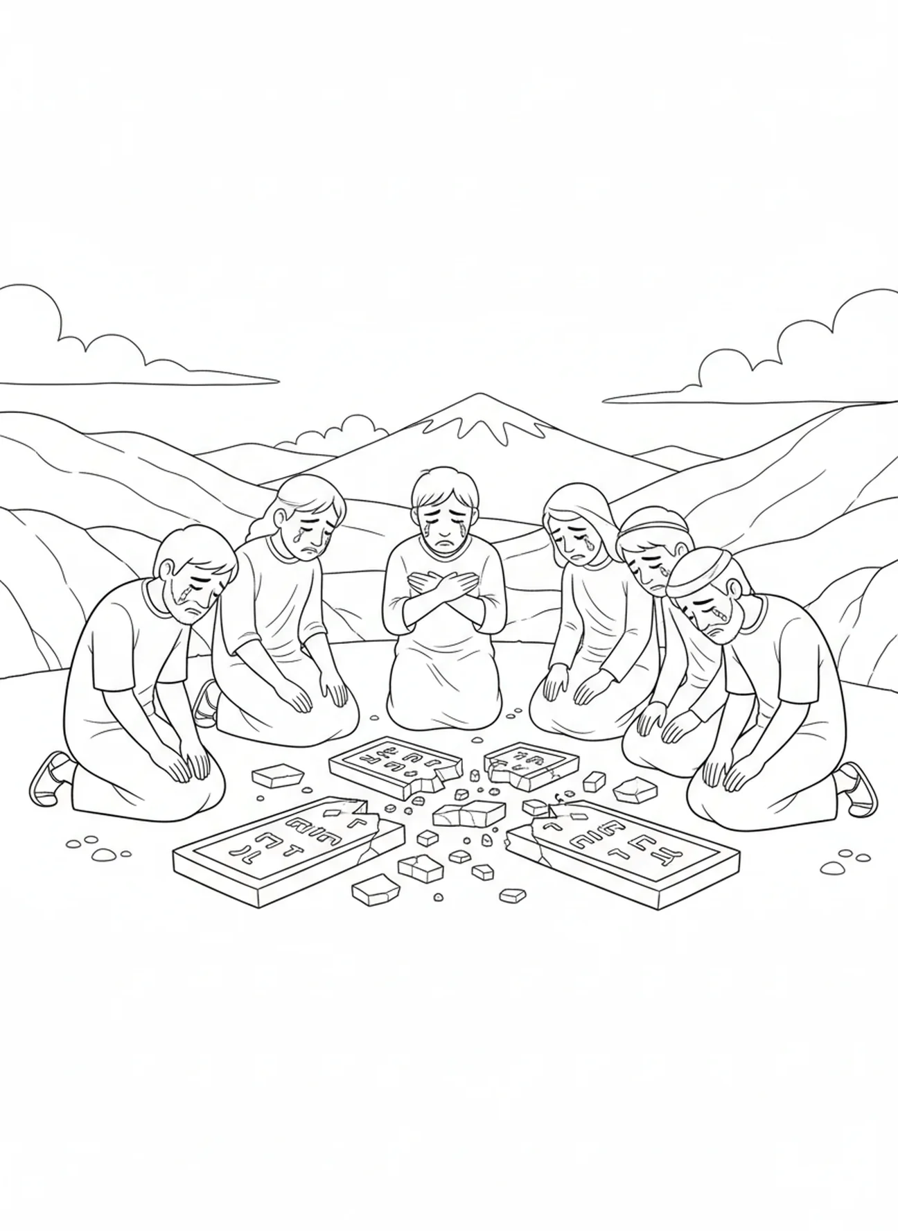 Menschen knien in Reue, Ausmalbild der Zehn Gebote und des goldenen Kalbes für Kinder im Alter von 5-10 Jahren