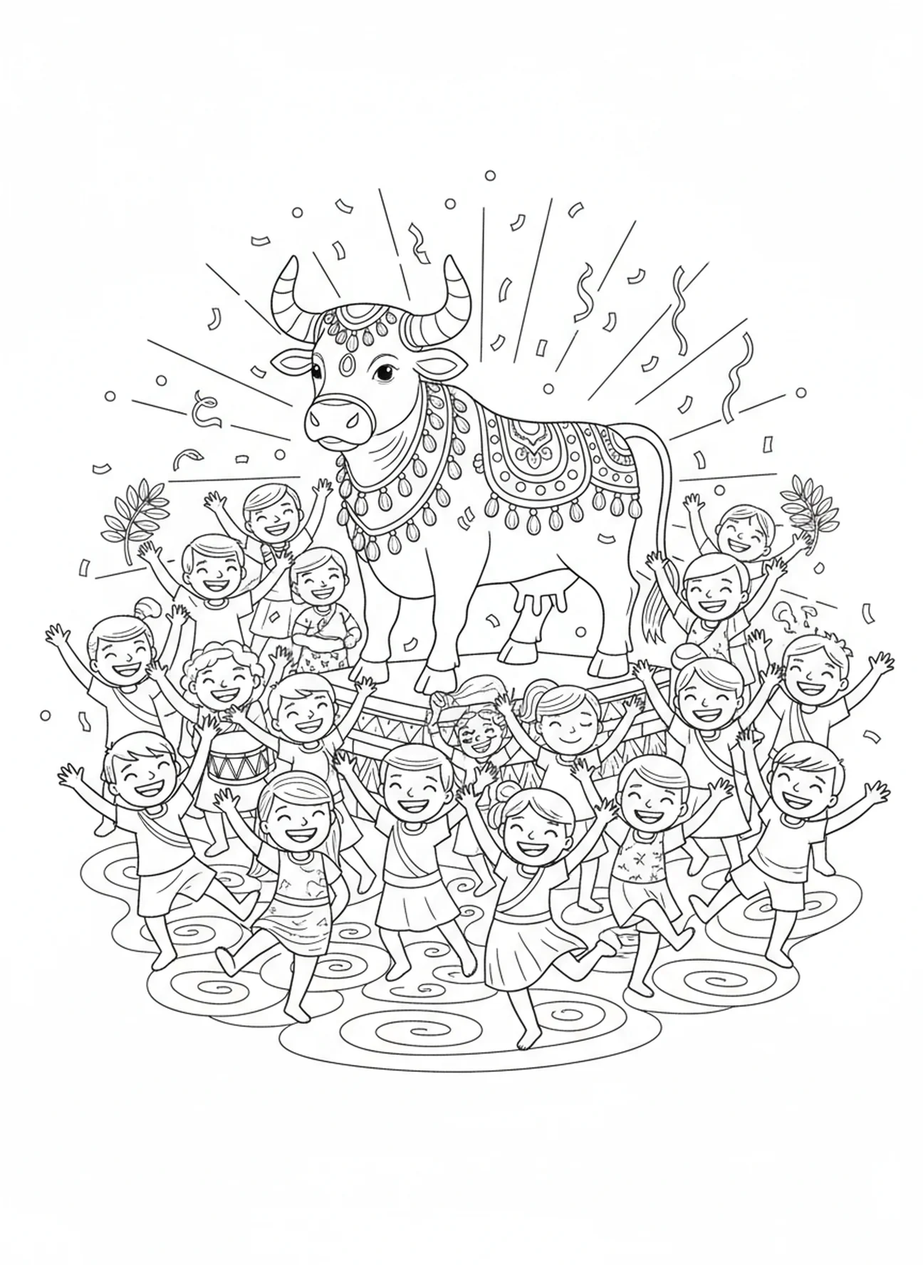 Gruppe von Menschen, die tanzen, Ausmalbild der Zehn Gebote mit dem goldenen Kalb für Kinder im Alter von 5-10 Jahren