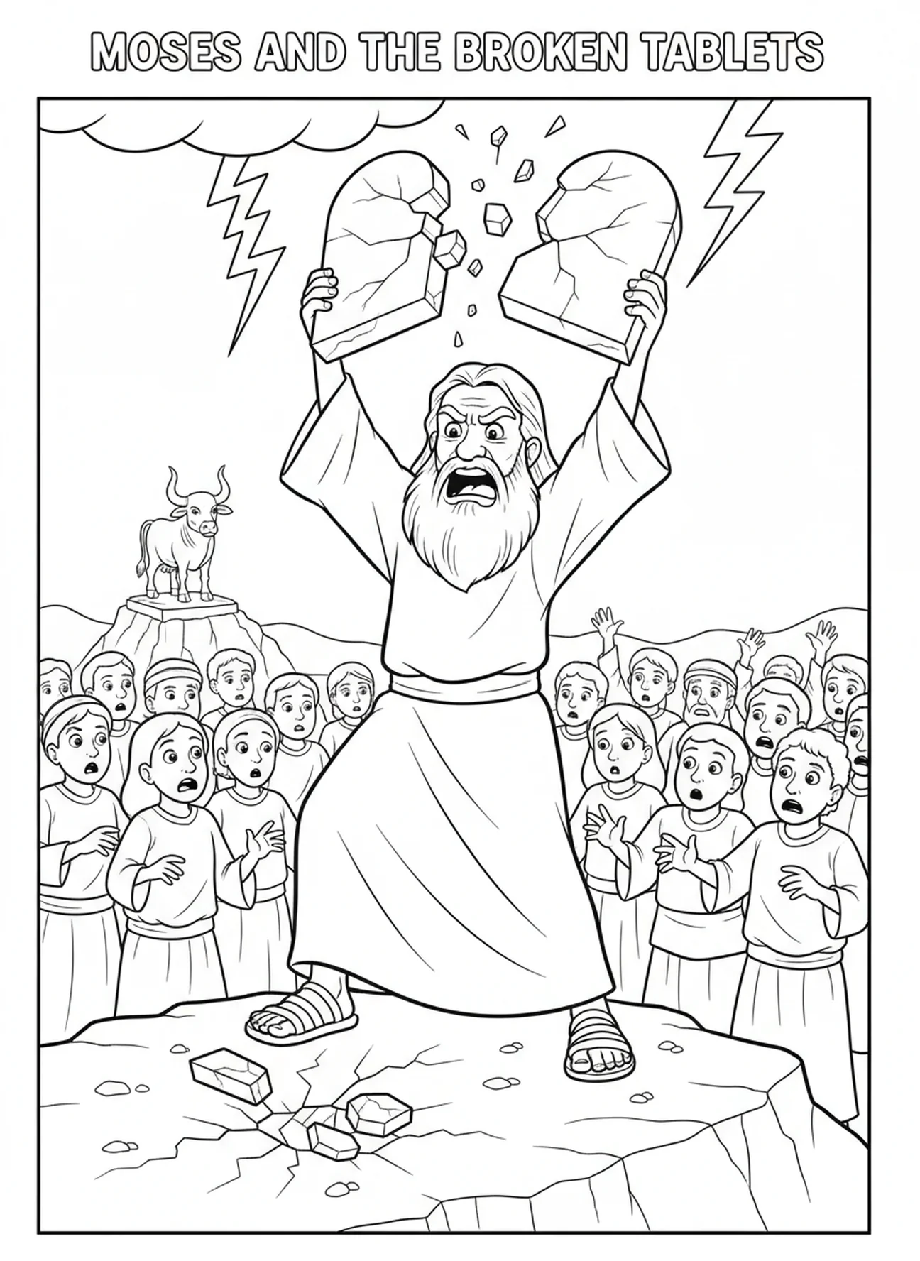 Moses breaking the tablets, Ten Commandments Moses Holding Tablets coloring page for kids age 5-10.