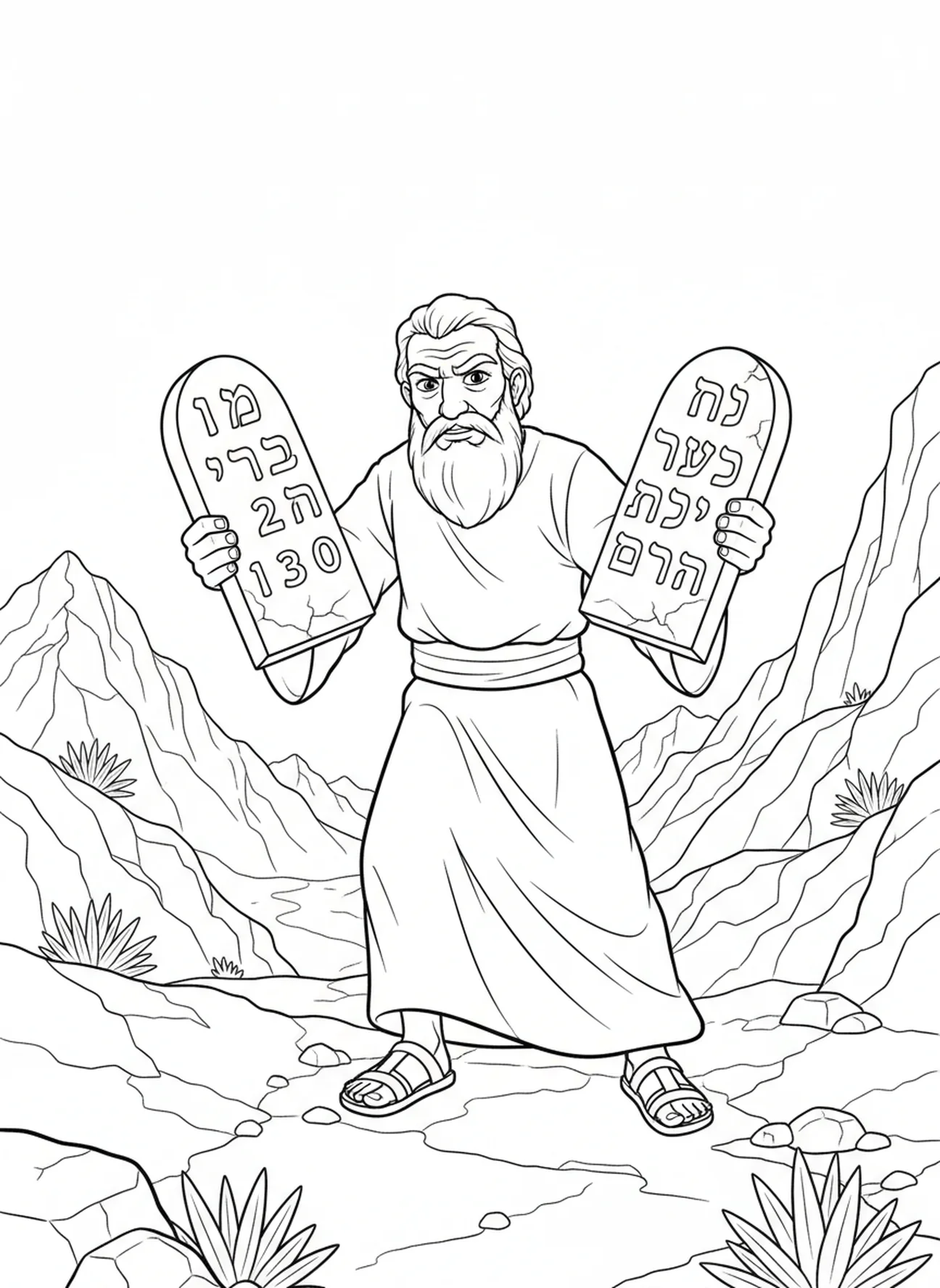 Moses descending with tablets, Ten Commandments Moses Holding Tablets coloring page for kids age 5-10.