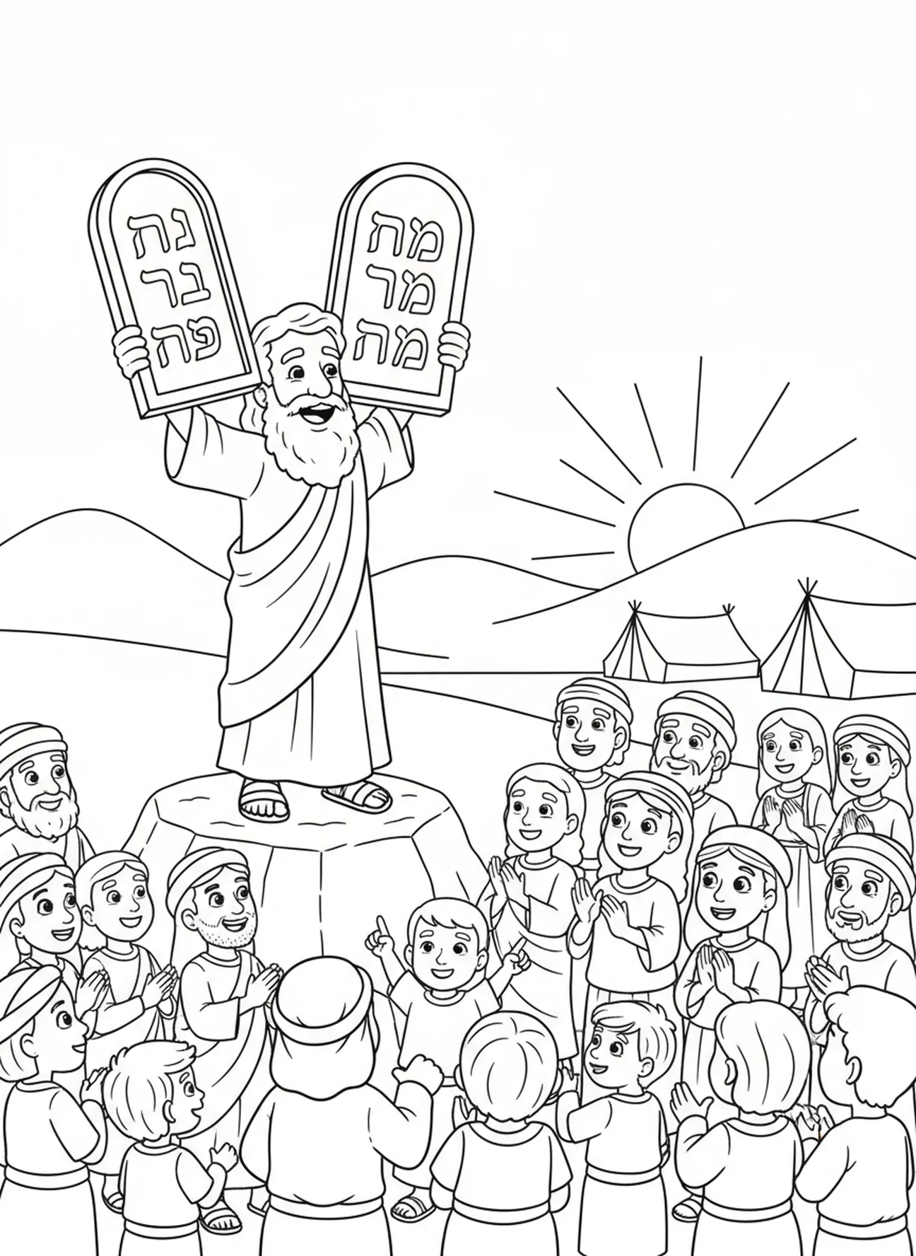 Moses preaching the commandments, Ten Commandments Moses Holding Tablets coloring page for kids age 5-10.