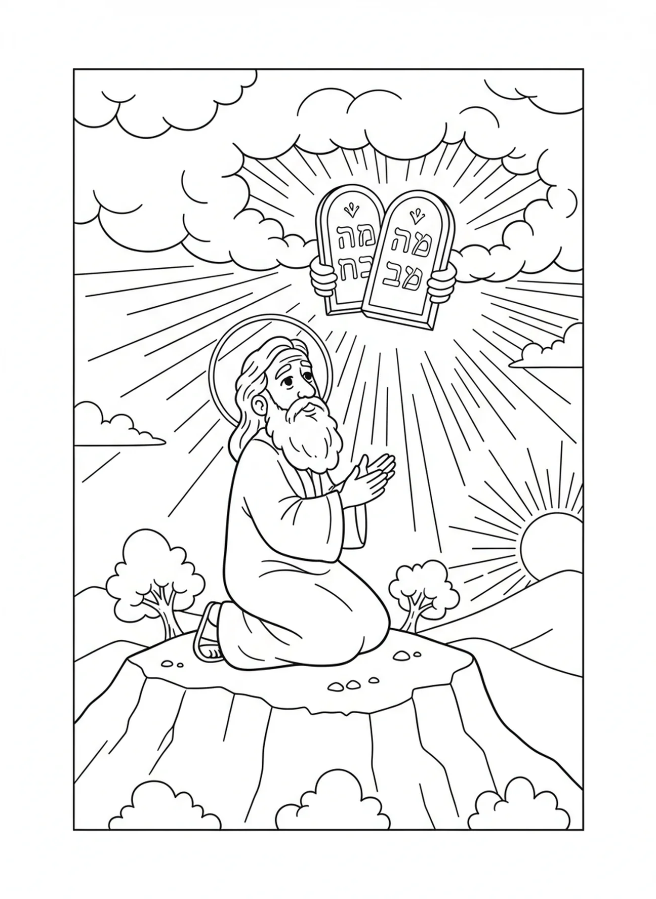 Moses receiving new tablets from God, Ten Commandments Moses Holding Tablets coloring page for kids age 5-10.