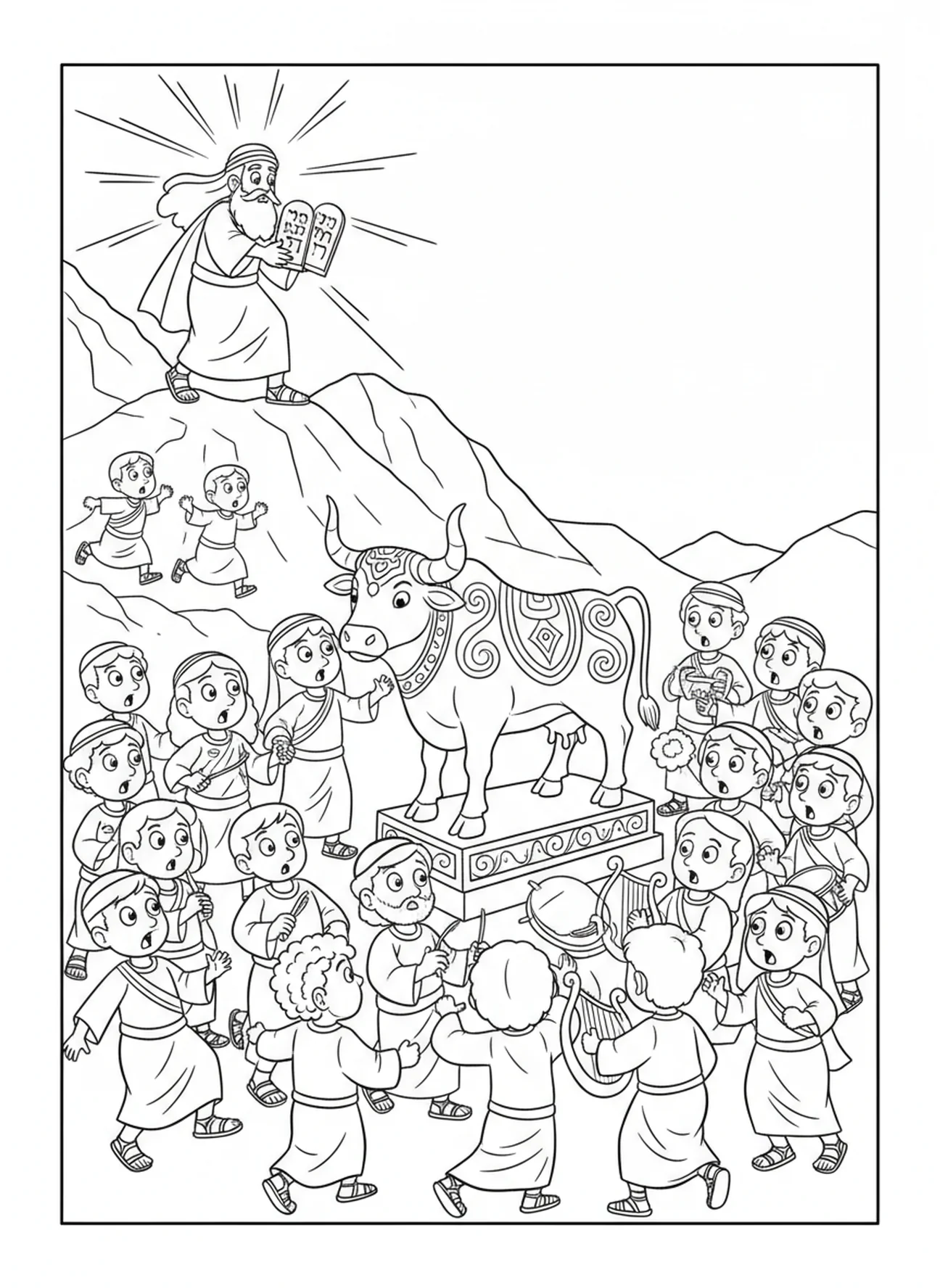 Group of people worshiping golden calf, Ten Commandments Moses Holding Tablets coloring page for kids age 5-10.