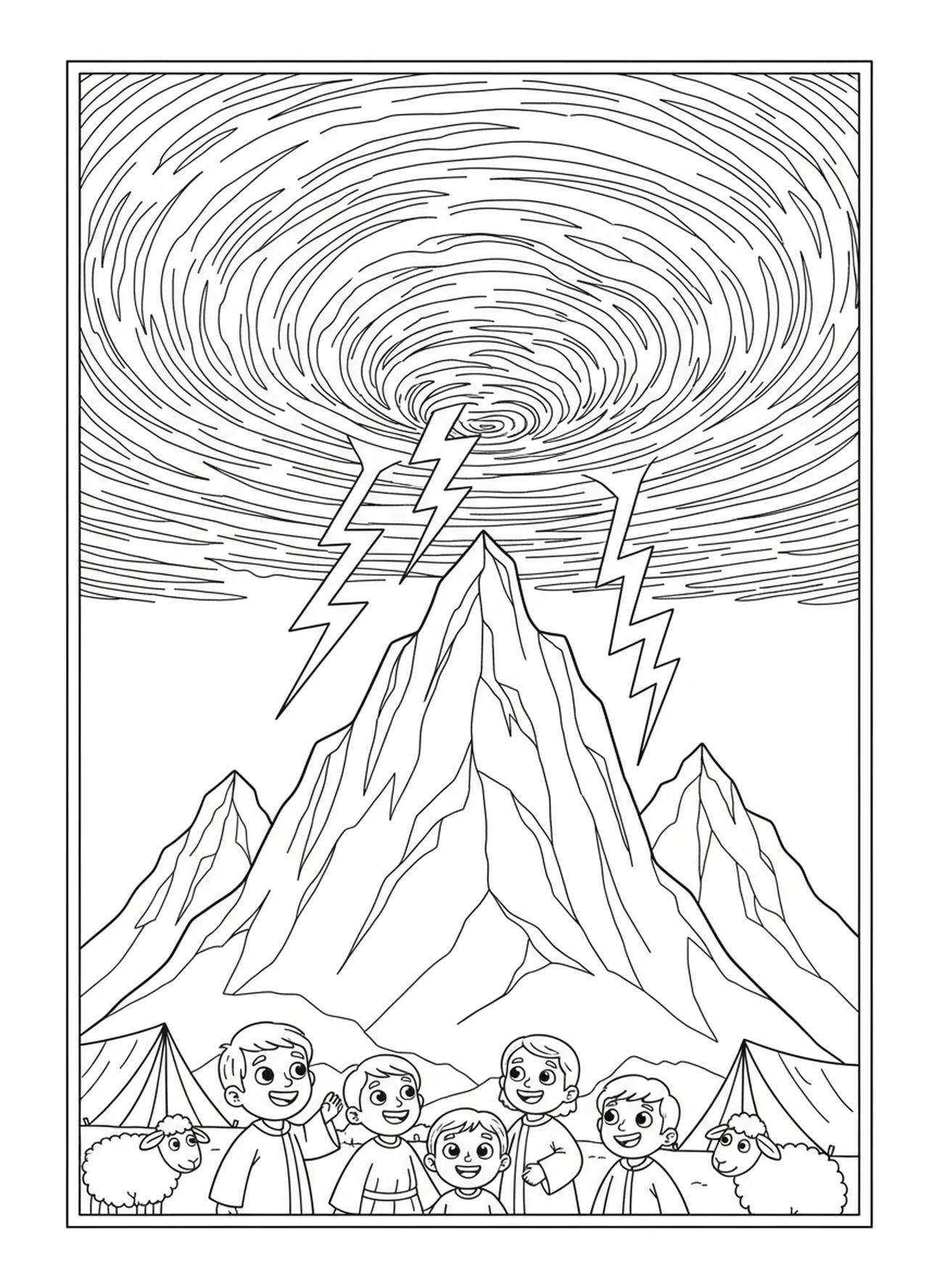 Swirling clouds and lightning bolts, Ten Commandments Mt Sinai Thunder coloring page for kids age 5-10