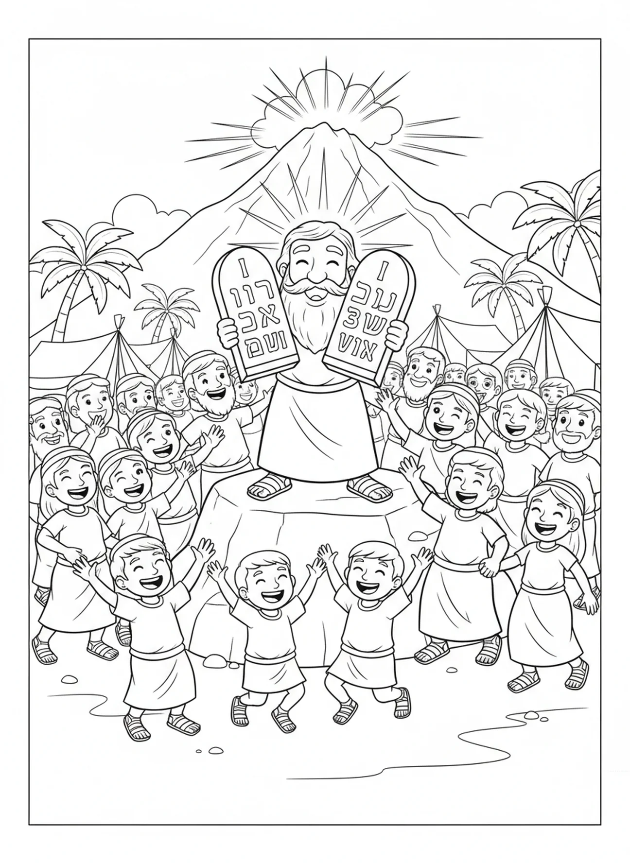 Israelites celebrating, Ten Commandments Mt Sinai Thunder coloring page for kids age 5-10