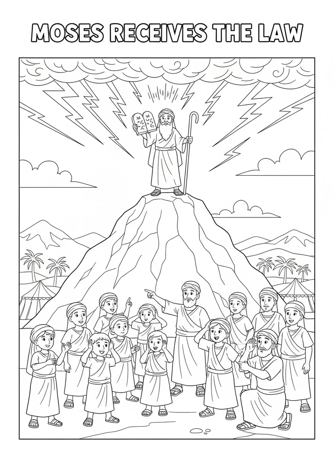 Group of Israelites watching, Ten Commandments Mt Sinai Thunder coloring page for kids age 5-10
