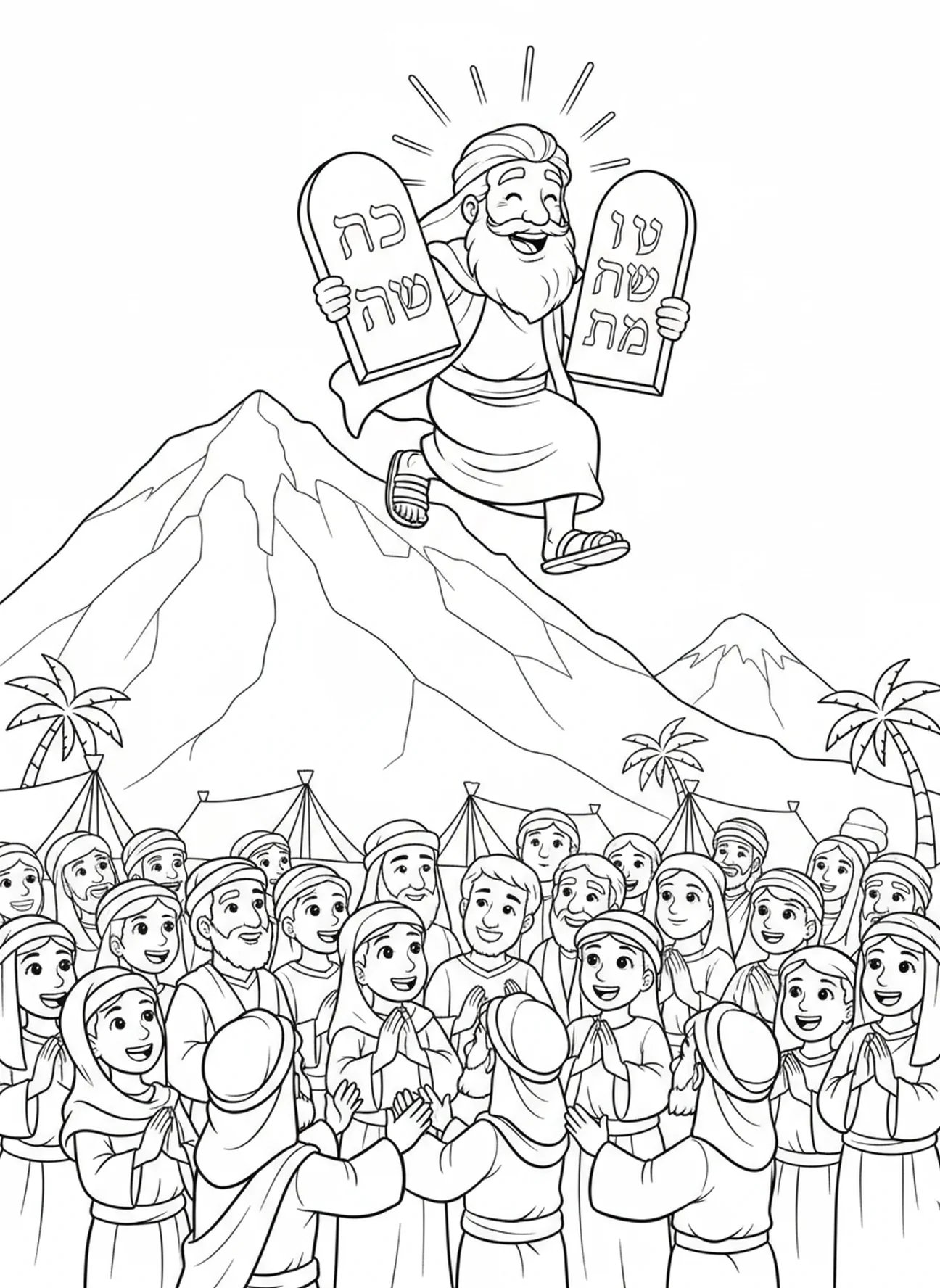 Moses descending with tablets, Ten Commandments Mt Sinai Thunder coloring page for kids age 5-10