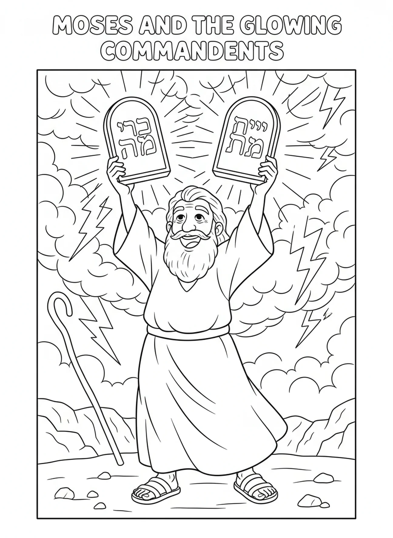 Two glowing stone tablets, Ten Commandments Mt Sinai Thunder coloring page for kids age 5-10