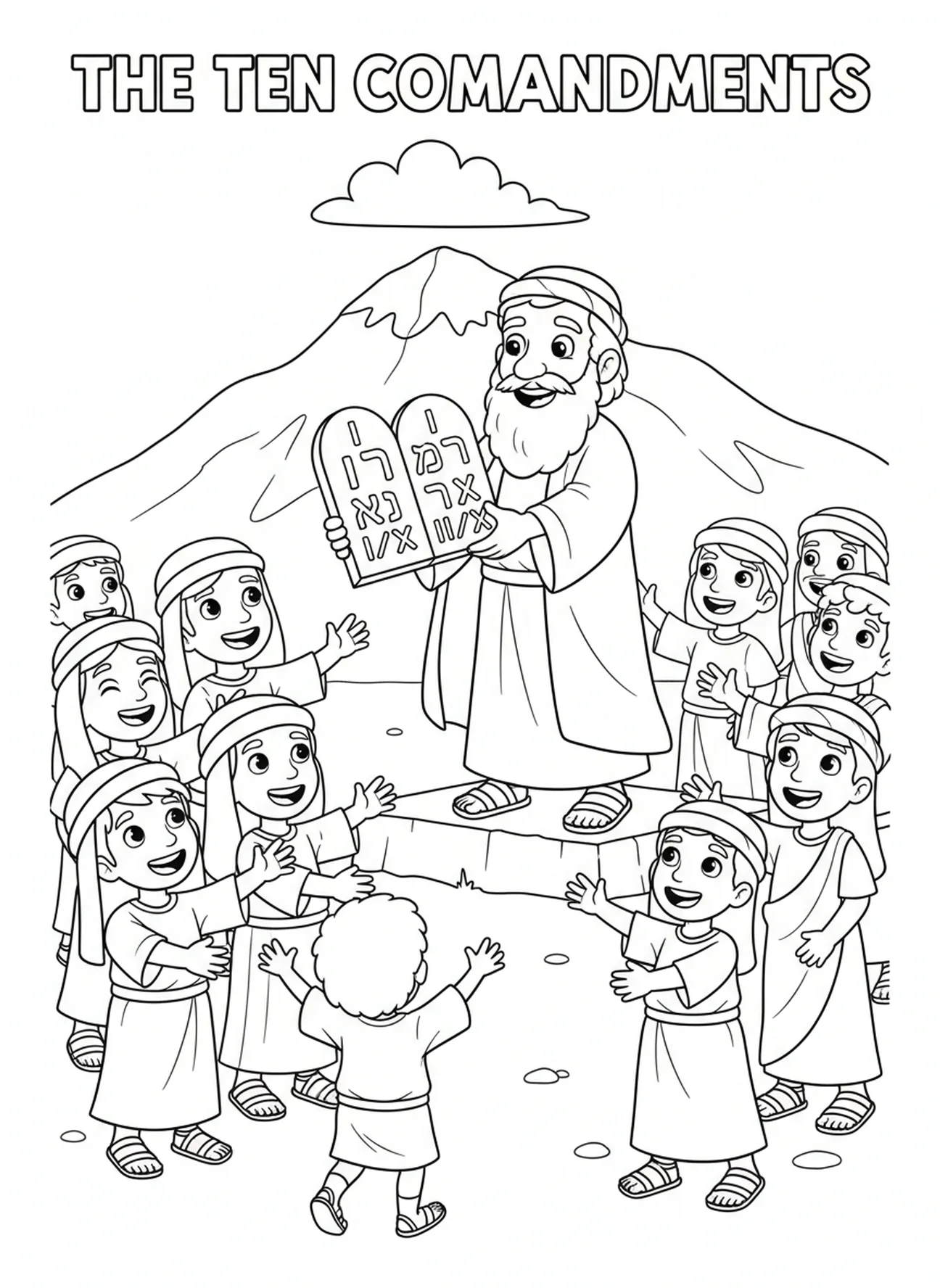 Mose gibt den Israeliten die Tafeln, Zehn Gebote Malvorlage für Kinder im Alter von 5-10 Jahren