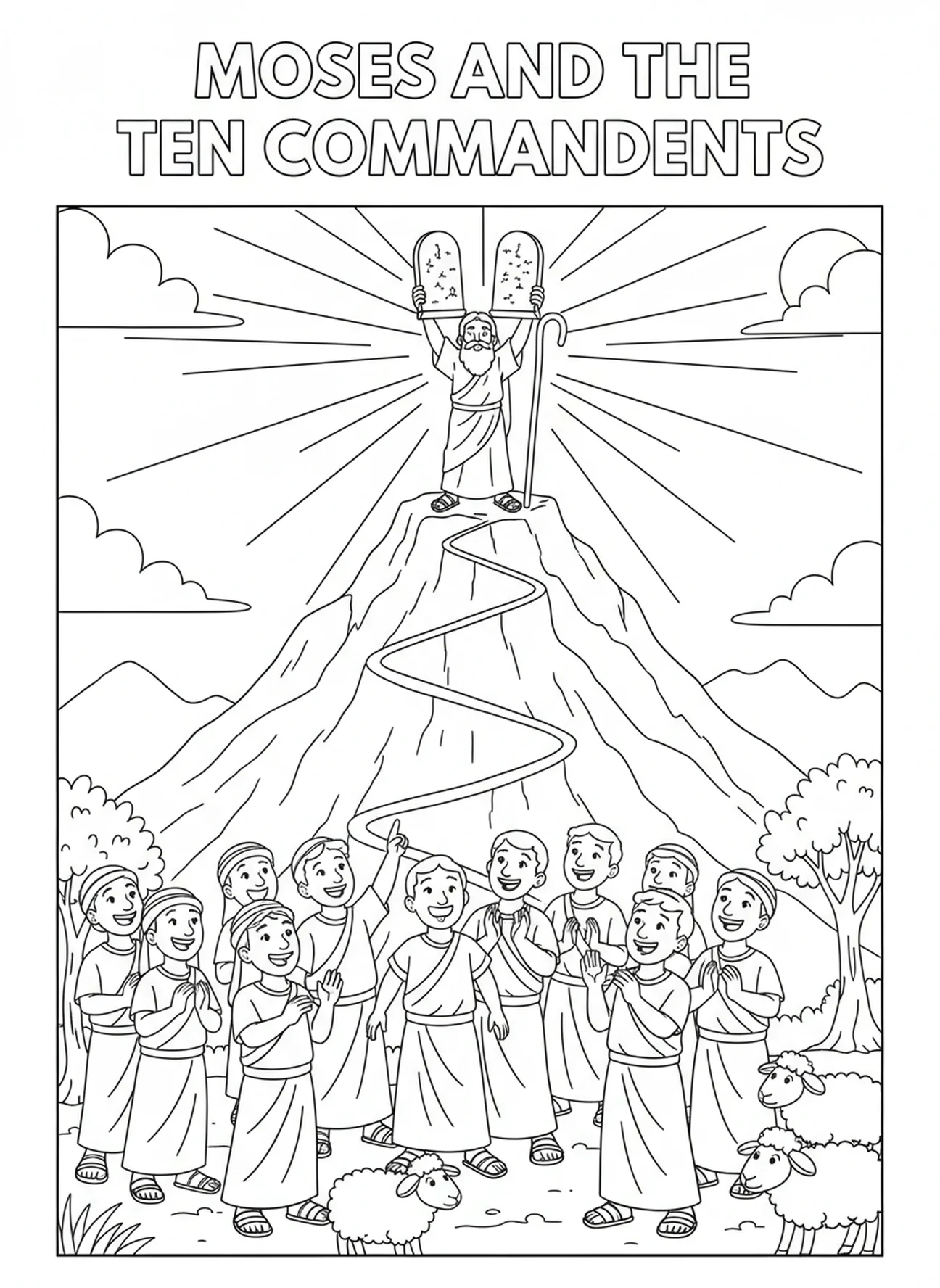 Gruppe von Israeliten, die Moses beobachten, Malvorlage zu den Zehn Geboten für Kinder im Alter von 5-10 Jahren